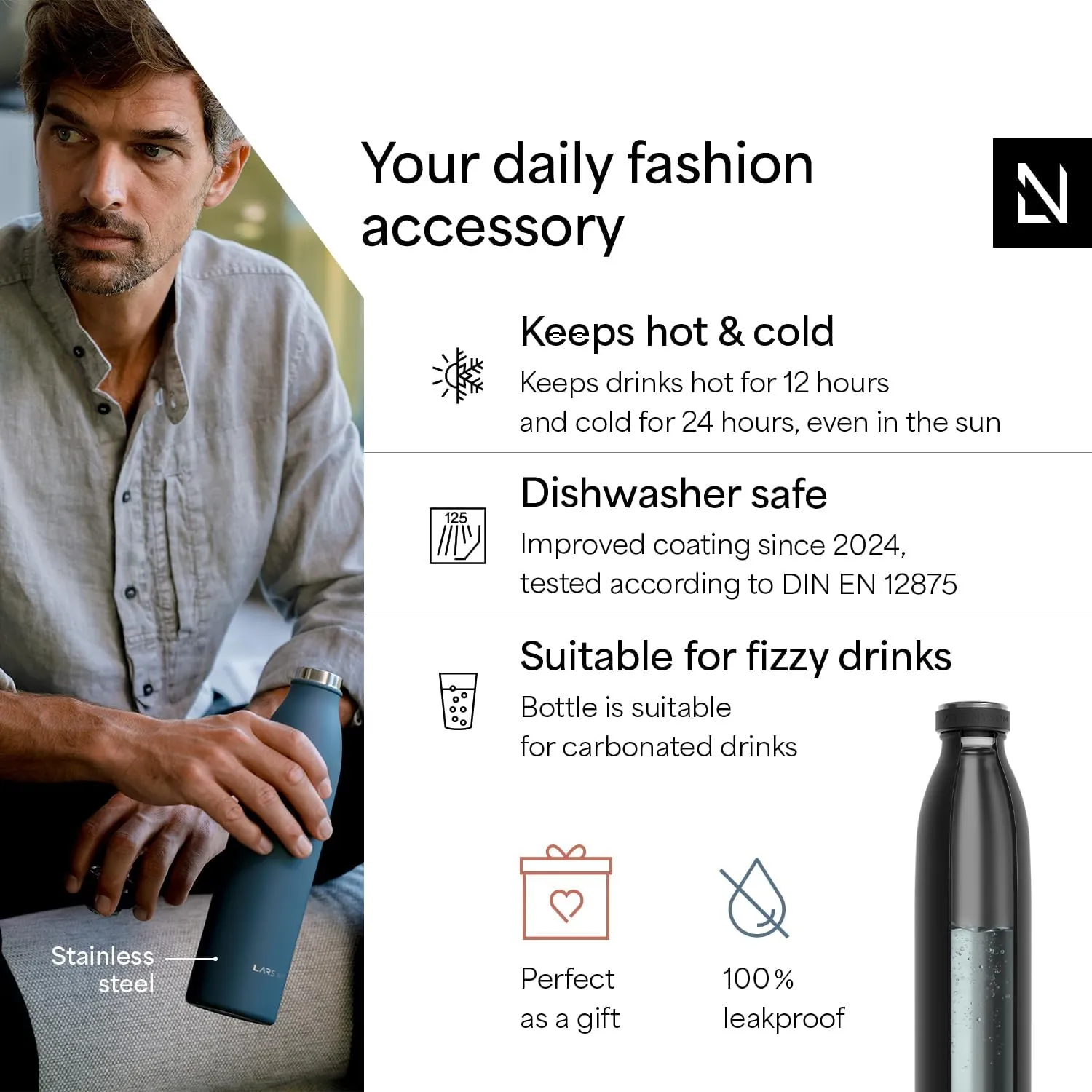 LARS NYSØM Stainless Steel Insulated Water Bottle 12oz 17oz 25oz 34oz 51oz | Insulated Thermo Flask for Hot and Cold Beverages | Leakproof Drinking Bottle (Carbon Black, 17oz)