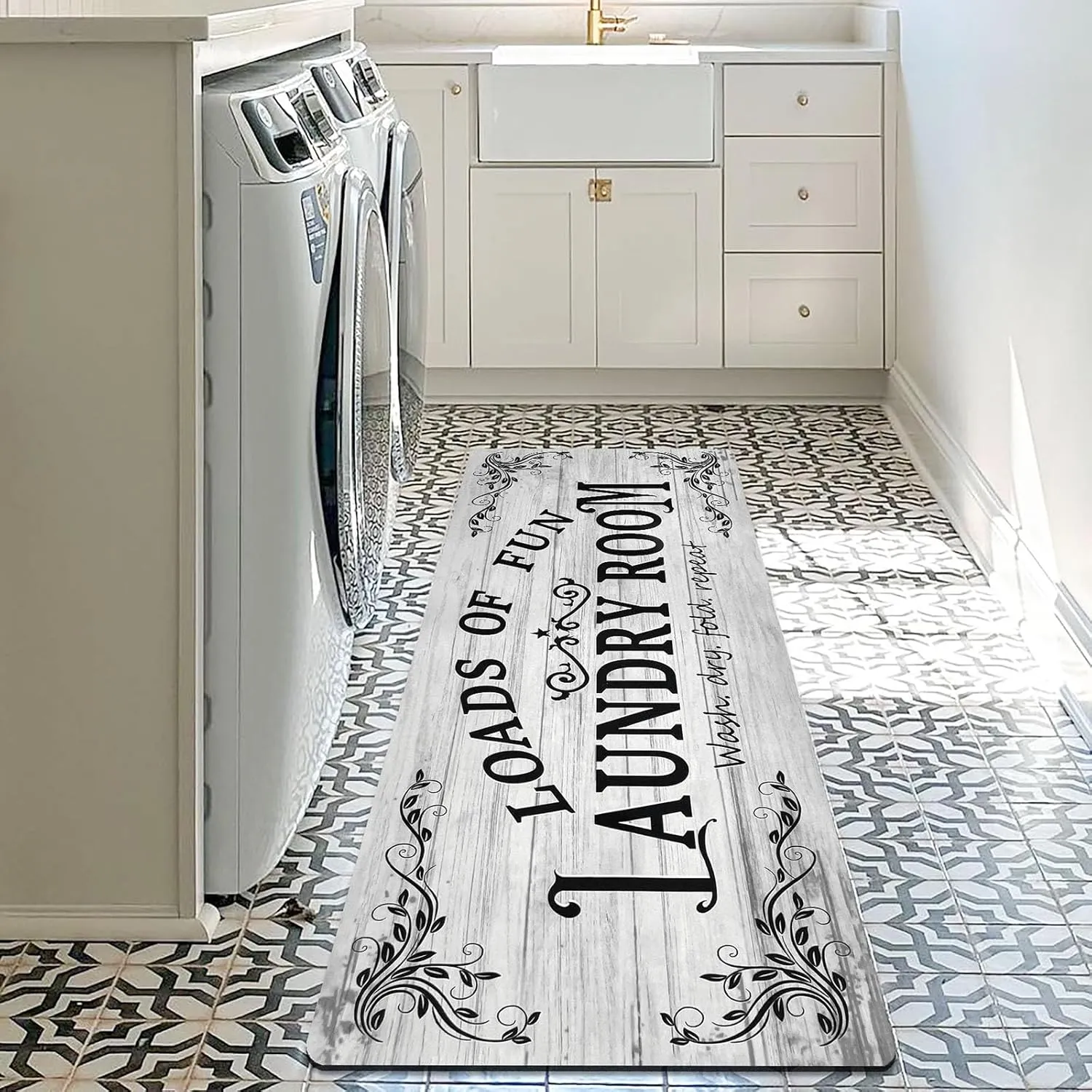 Laundry Room Rug Runner 24"x60" Non Slip Waterproof Laundry Mats for Laundry Room Decor Washable Floor Farmhouse Laundry Rug for Mudroom Washroom Bathroom, Light Grey