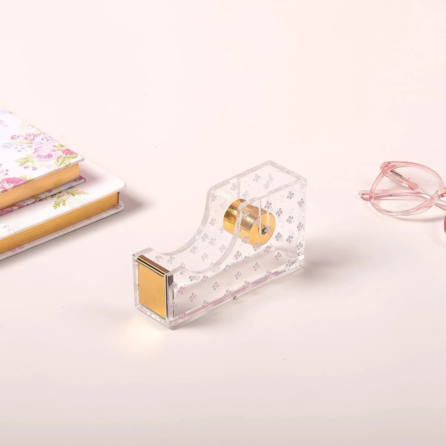 Laura Ashley English Garden Tape Dispenser – 5” Floral Acrylic & Gold Desktop Tape Holder – Stylish Aesthetic Office Supply for Home & Work – Heavy-Duty Cutter with Gift-Ready Packaging