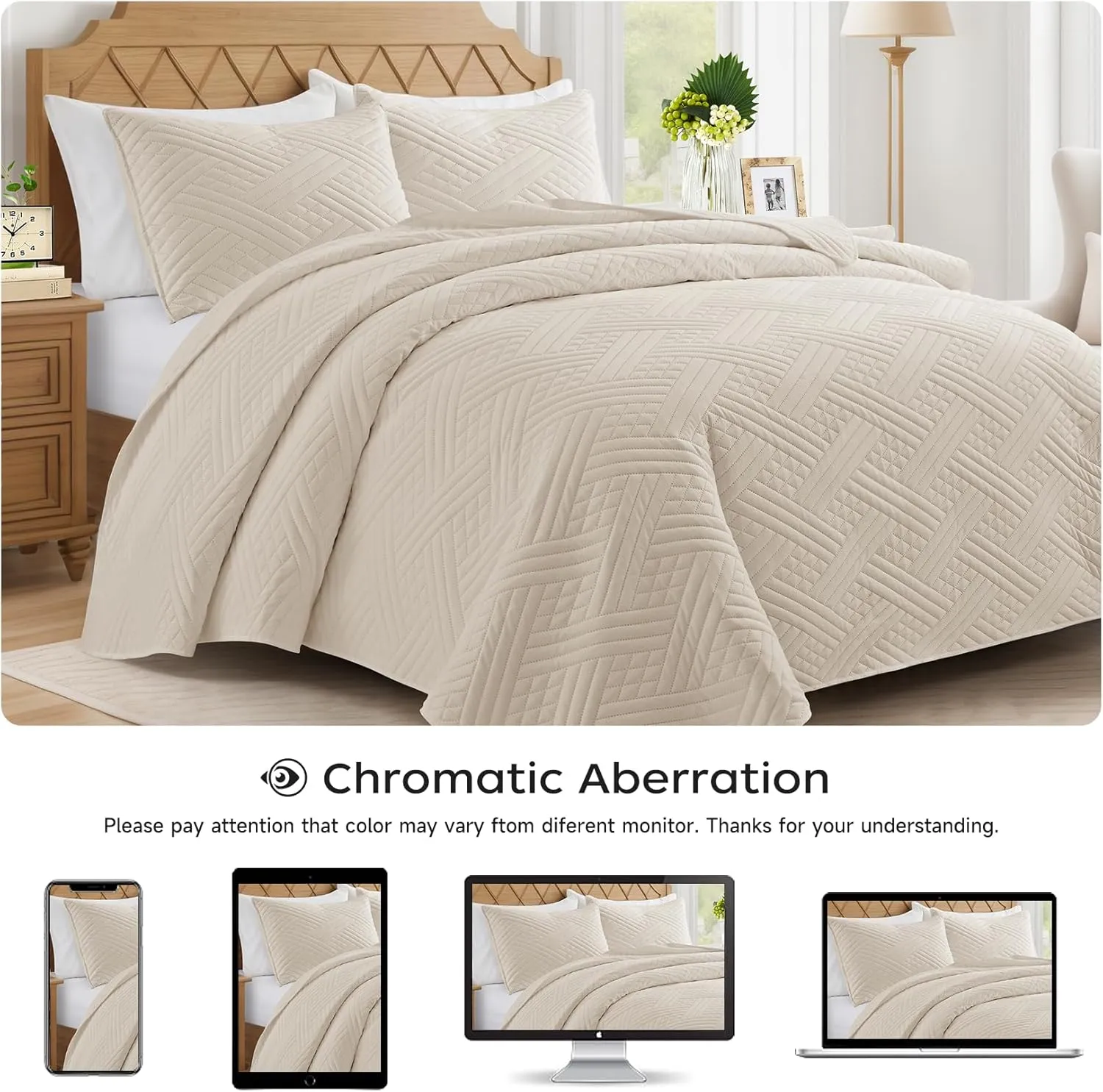 Lavsiry Beige Quilt Queen Size with Striped Pattern, Lightweight Soft Summer Thin Microfiber Bedspread & Coverlet Bedding Set for All Seasons - 3 Piece(1 Quilt, 2 Pillow Shams)