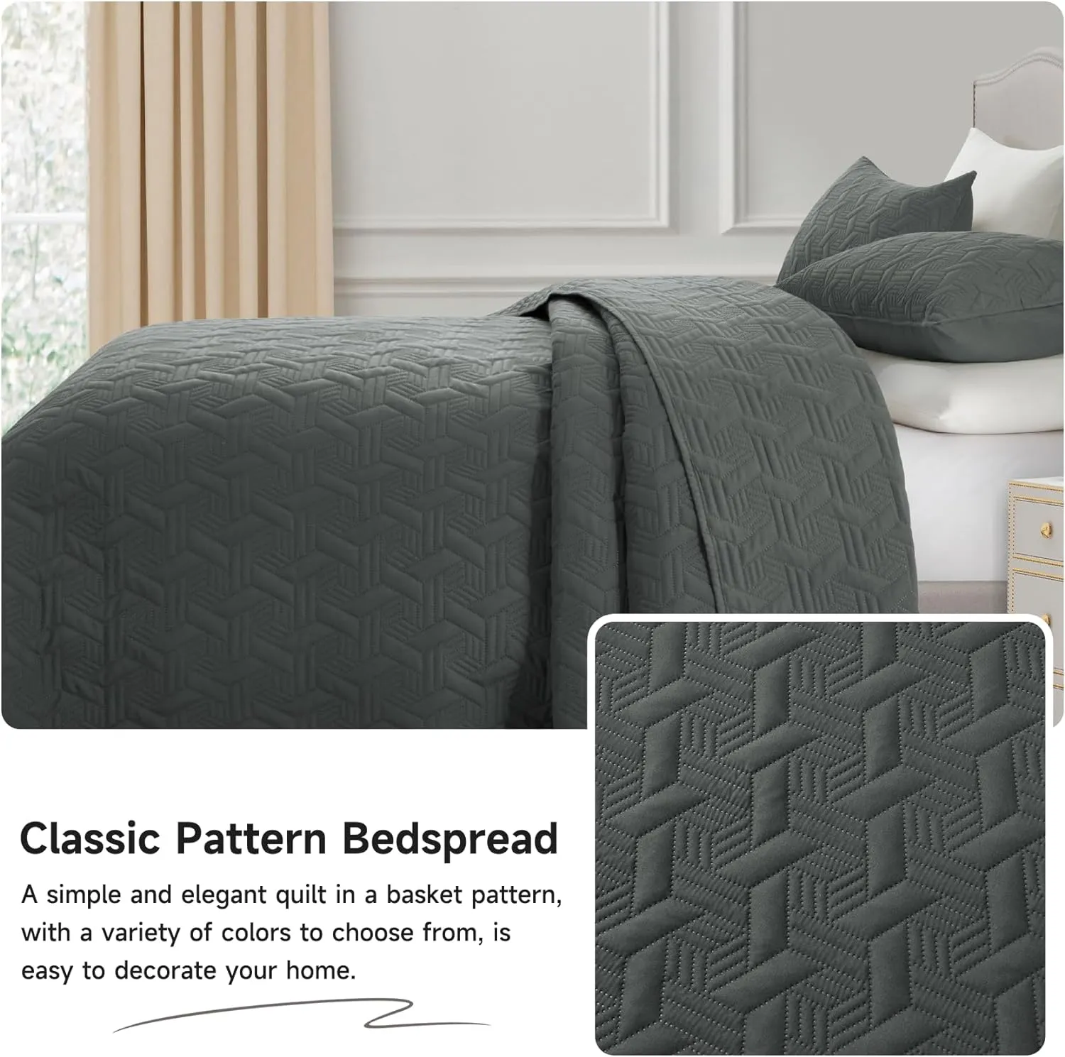 Lavsiry Dark Grey Quilt King Size Bedding Set, Summer Thin Microfiber Quilted Bedspread & Coverlet, Soft Lightweight Comforter for All Seasons - 3 Piece(1 Quilt, 2 Pillow Shams)