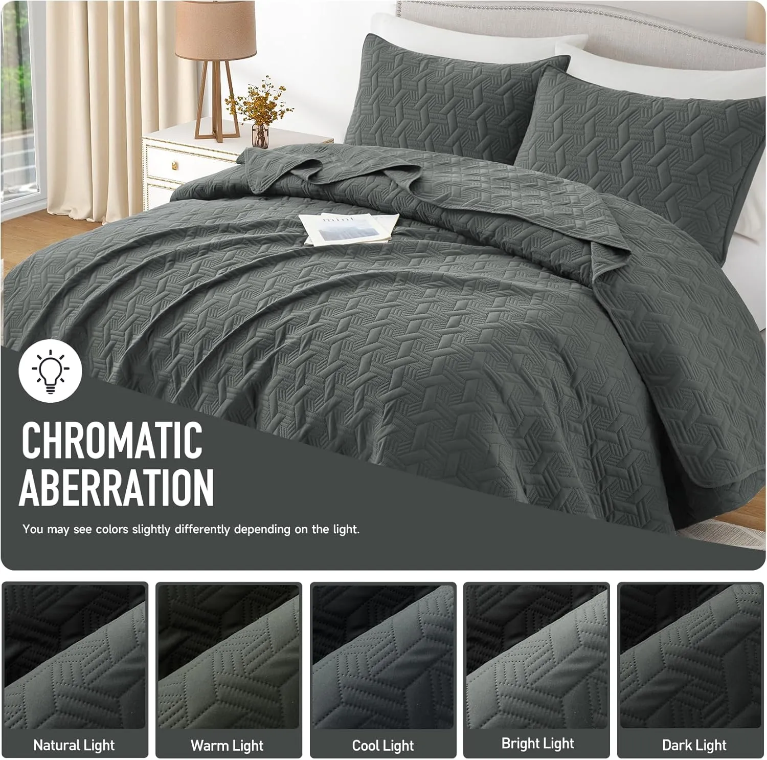 Lavsiry Dark Grey Quilt King Size Bedding Set, Summer Thin Microfiber Quilted Bedspread & Coverlet, Soft Lightweight Comforter for All Seasons - 3 Piece(1 Quilt, 2 Pillow Shams)