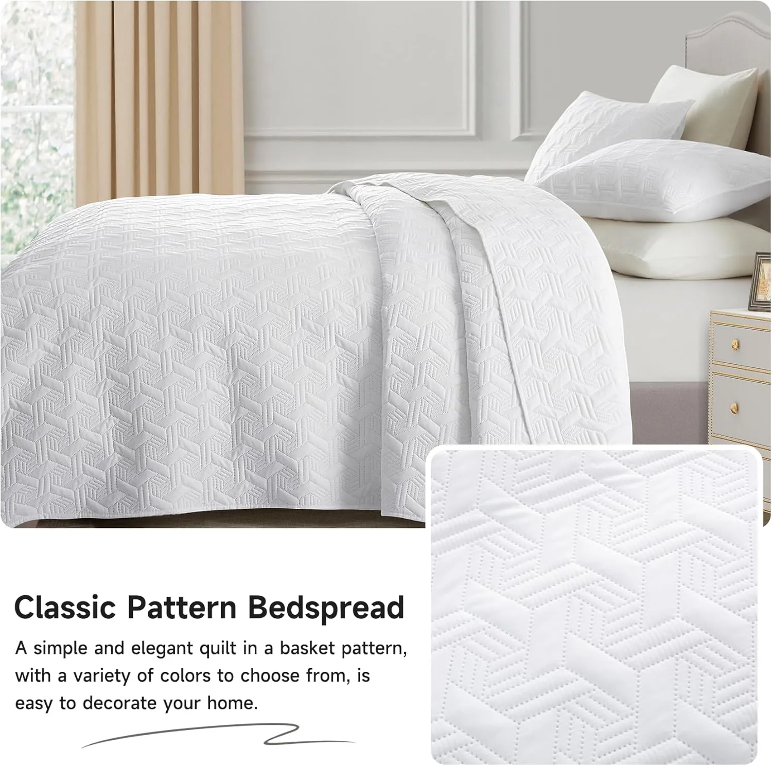 Lavsiry White Quilt King Size Bedding Set, Summer Thin Microfiber Quilted Bedspread & Coverlet, Soft Lightweight Comforter for All Seasons - 3 Piece(1 Quilt, 2 Pillow Shams)