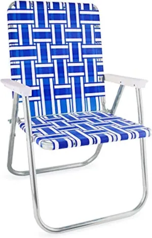 Lawn Chair USA | Folding Aluminum Webbed Chair for Camping, Sports, and Beach | Classic - Blue and White with White Arms