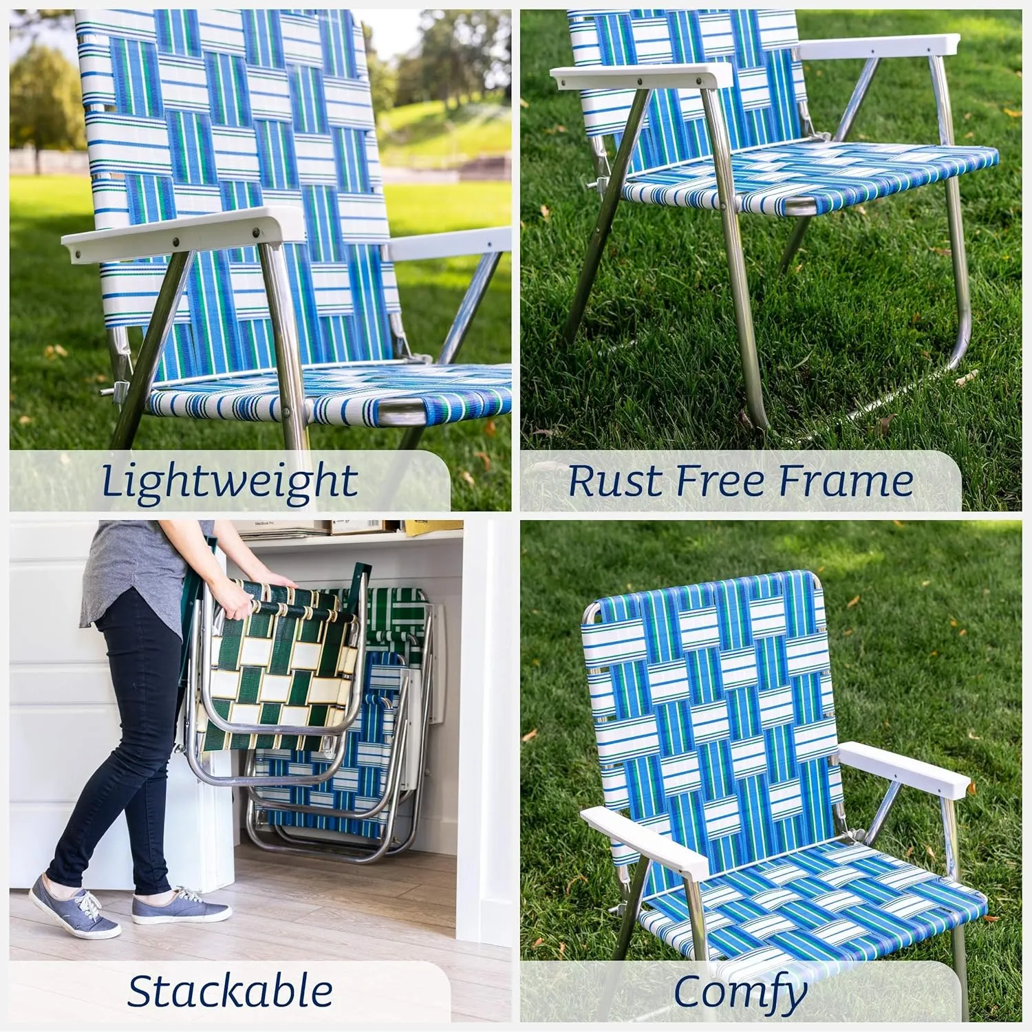 Lawn Chair USA | Folding Aluminum Webbed Chair for Camping, Sports, and Beach | High Back Beach Chair - Charleston w/Green Arms