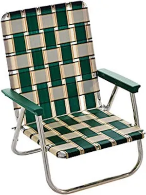 Lawn Chair USA | Folding Aluminum Webbed Chair for Camping, Sports, and Beach | High Back Beach Chair - Charleston w/Green Arms