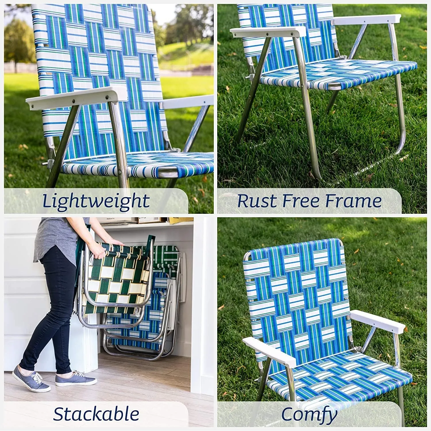 Lawn Chair USA - Outdoor Chairs for Camping. Made with Lightweight Aluminum Frames and UV-Resistant Webbing. Folds for Easy Storage 2- Pack (Black with Black Arms, Classic)