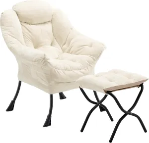 Lazy Chair with Folding Ottoman, Accent Chair Plush Upholstered with Metal Structure and Non-Slip Pads, Sofa Armchair with Footrest and Side Storage Bag for Dorm, Room, Office, Beige