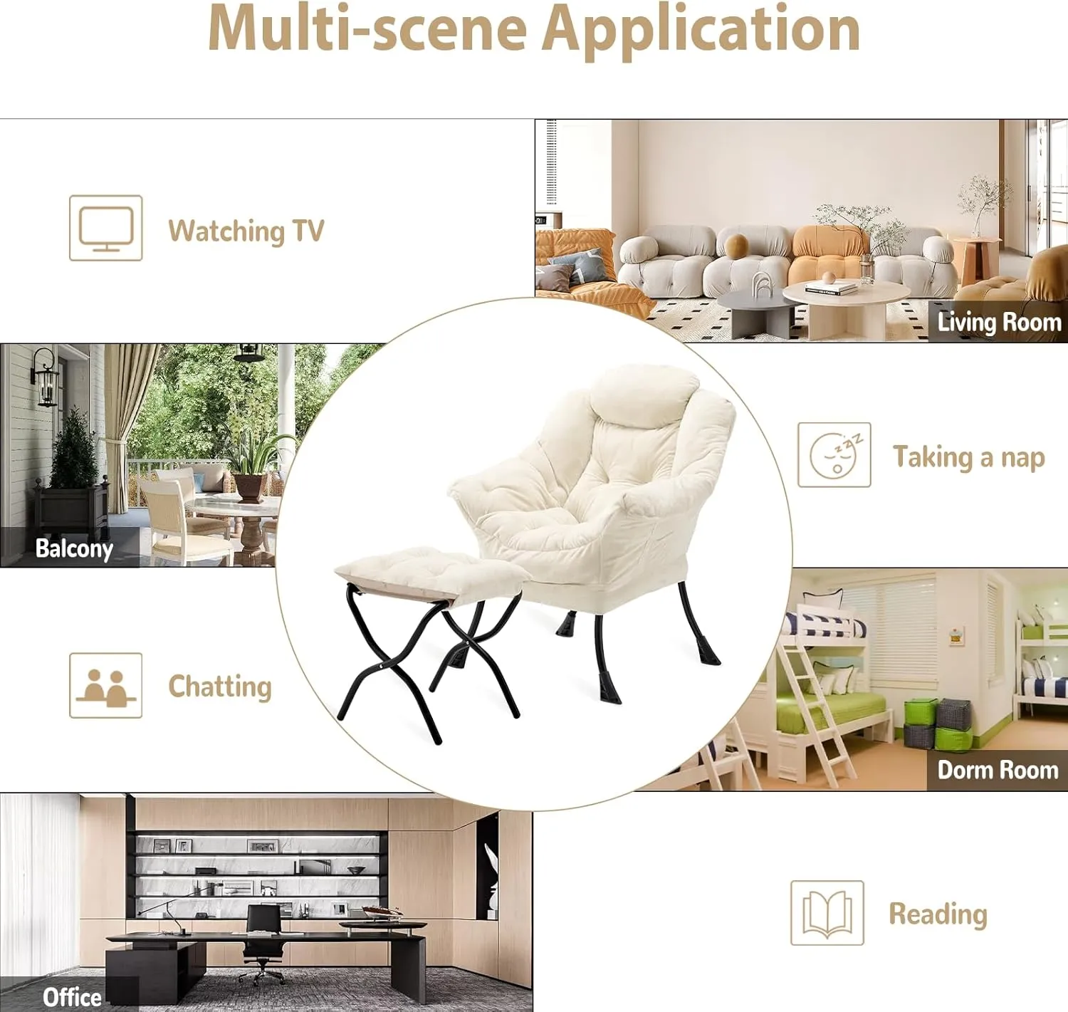 Lazy Chair with Folding Ottoman, Accent Chair Plush Upholstered with Metal Structure and Non-Slip Pads, Sofa Armchair with Footrest and Side Storage Bag for Dorm, Room, Office, Beige