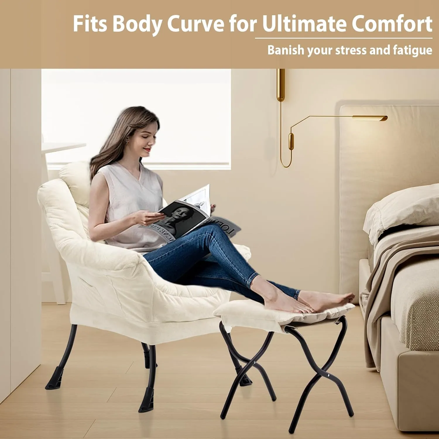 Lazy Chair with Folding Ottoman, Accent Chair Plush Upholstered with Metal Structure and Non-Slip Pads, Sofa Armchair with Footrest and Side Storage Bag for Dorm, Room, Office, Beige