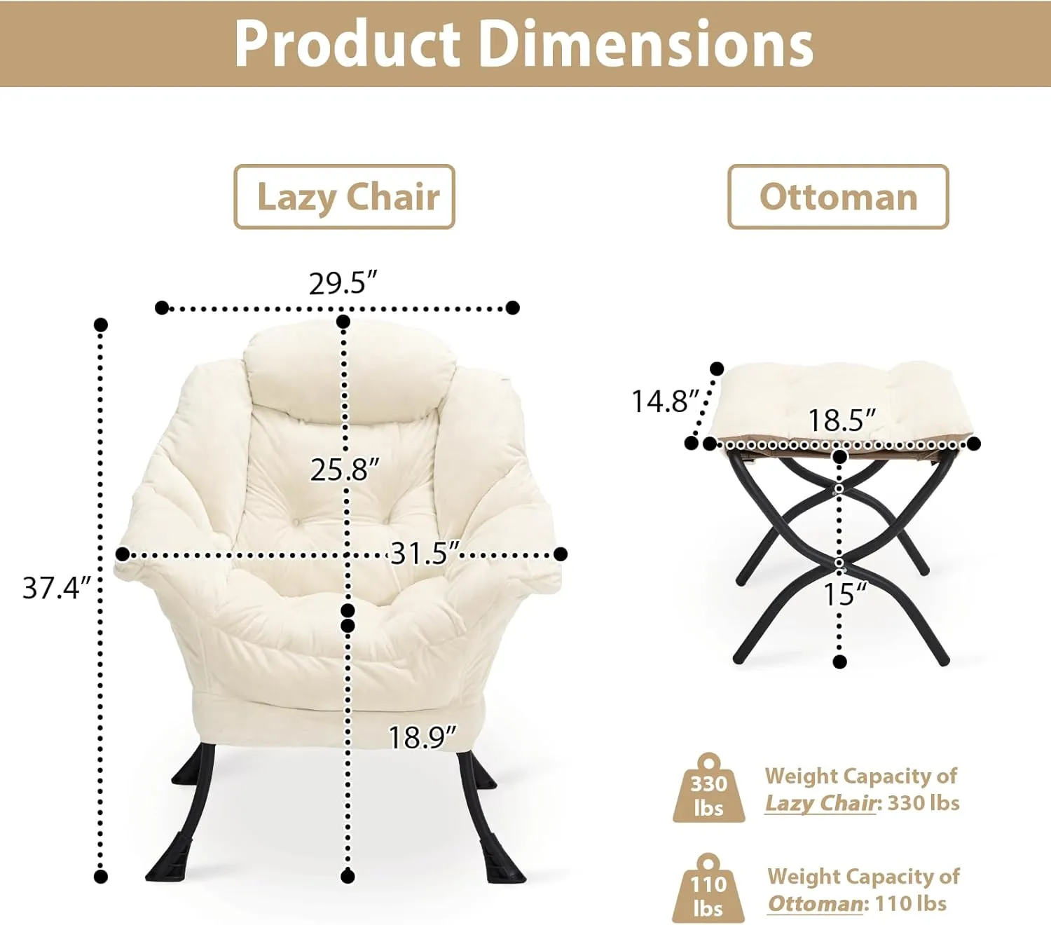 Lazy Chair with Folding Ottoman, Accent Chair Plush Upholstered with Metal Structure and Non-Slip Pads, Sofa Armchair with Footrest and Side Storage Bag for Dorm, Room, Office, Beige