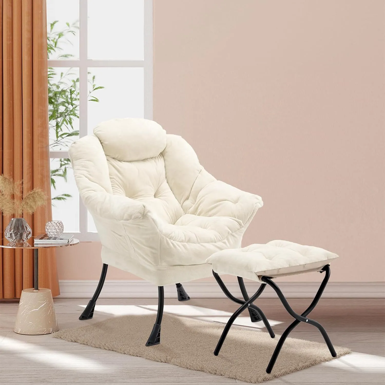 Lazy Chair with Folding Ottoman, Accent Chair Plush Upholstered with Metal Structure and Non-Slip Pads, Sofa Armchair with Footrest and Side Storage Bag for Dorm, Room, Office, Beige