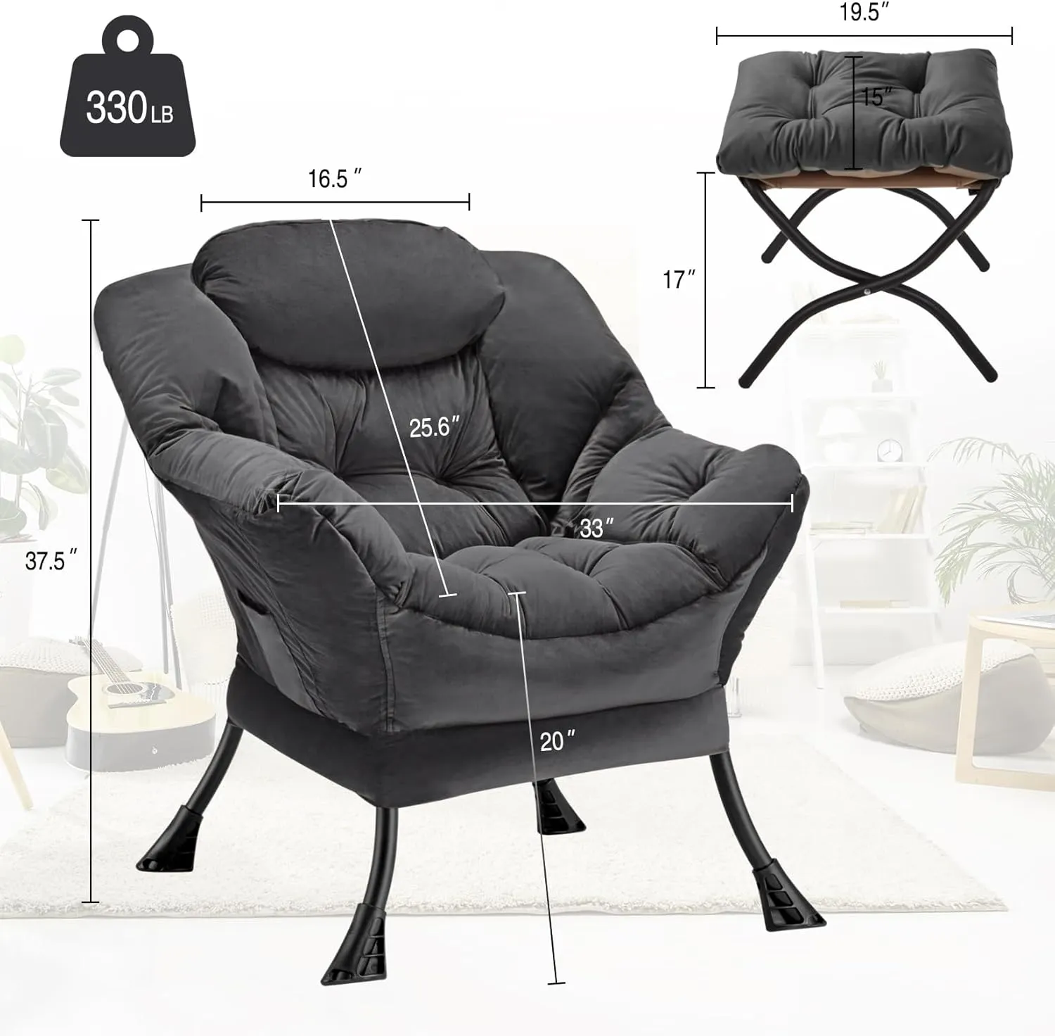 Lazy Chair with Folding Ottoman Modern Large Accent Chair,Contemporary Lounge Leisure Sofa Chair with Armrests Upholstered Sofa Armchair Reading Chair for Bedroom,Dorm & Office (Dark Grey-f)