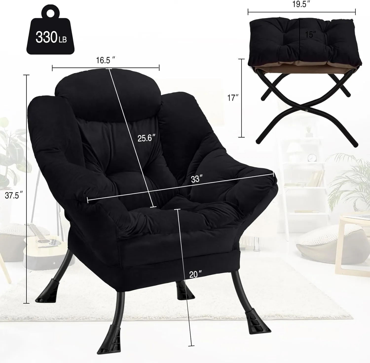 Lazy Chair with Folding Ottoman Modern Large Accent Chair,Contemporary Lounge Leisure Sofa Chair with Armrests Upholstered Sofa Armchair Reading Chair for Bedroom,Dorm & Office(Black-f)