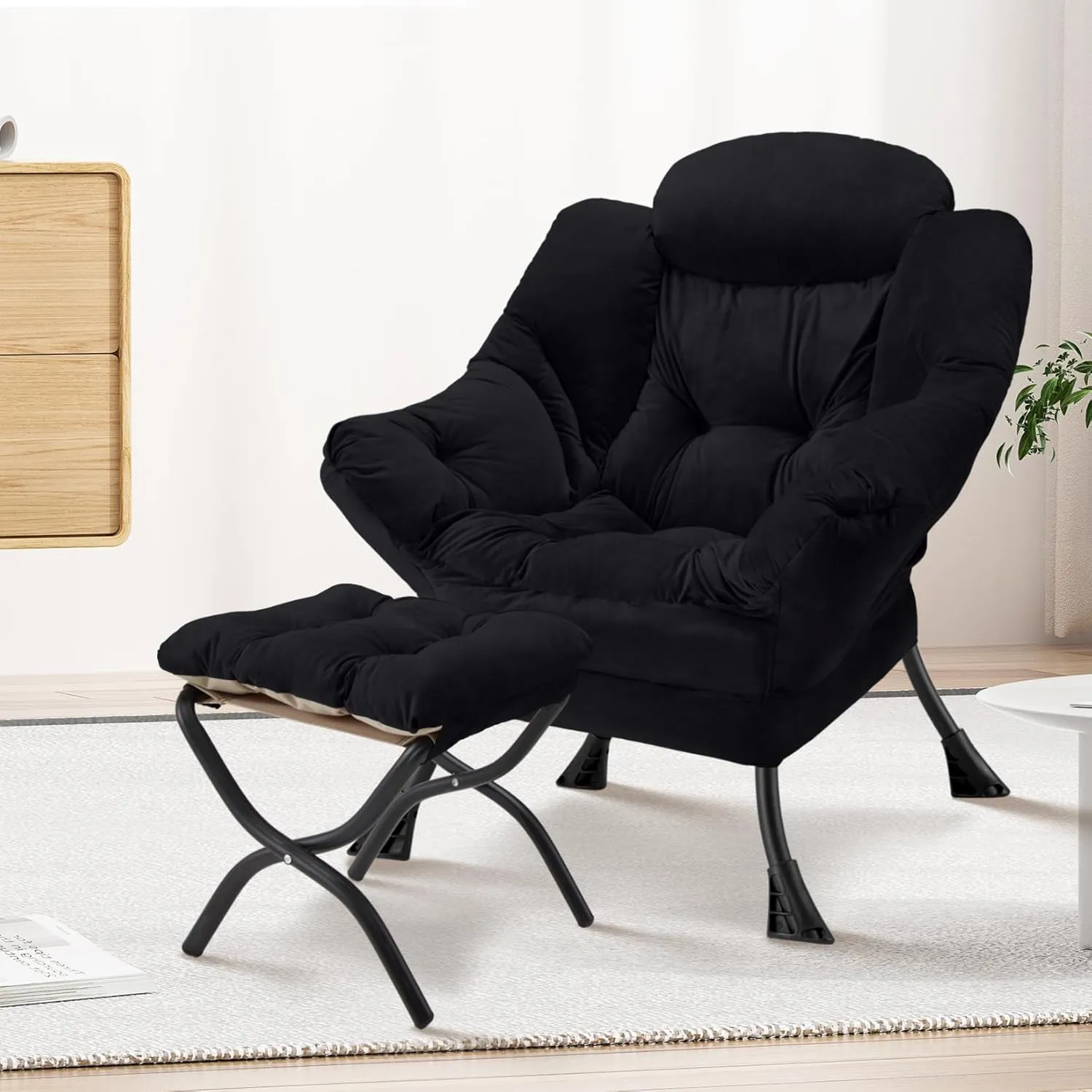 Lazy Chair with Folding Ottoman Modern Large Accent Chair,Contemporary Lounge Leisure Sofa Chair with Armrests Upholstered Sofa Armchair Reading Chair for Bedroom,Dorm & Office(Black-f)