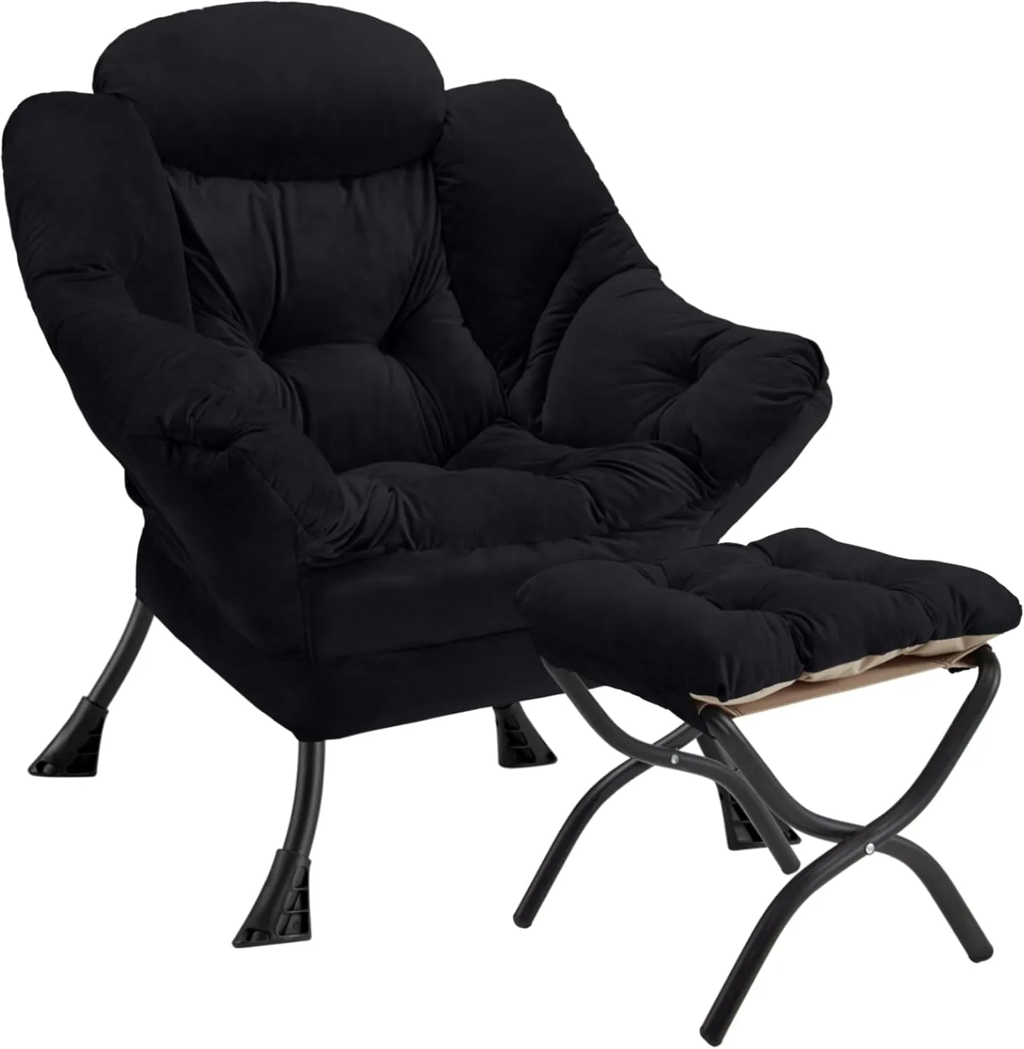 Lazy Chair with Folding Ottoman Modern Large Accent Chair,Contemporary Lounge Leisure Sofa Chair with Armrests Upholstered Sofa Armchair Reading Chair for Bedroom,Dorm & Office(Black-f)