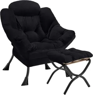 Lazy Chair with Folding Ottoman Modern Large Accent Chair,Contemporary Lounge Leisure Sofa Chair with Armrests Upholstered Sofa Armchair Reading Chair for Bedroom,Dorm & Office(Black-f)