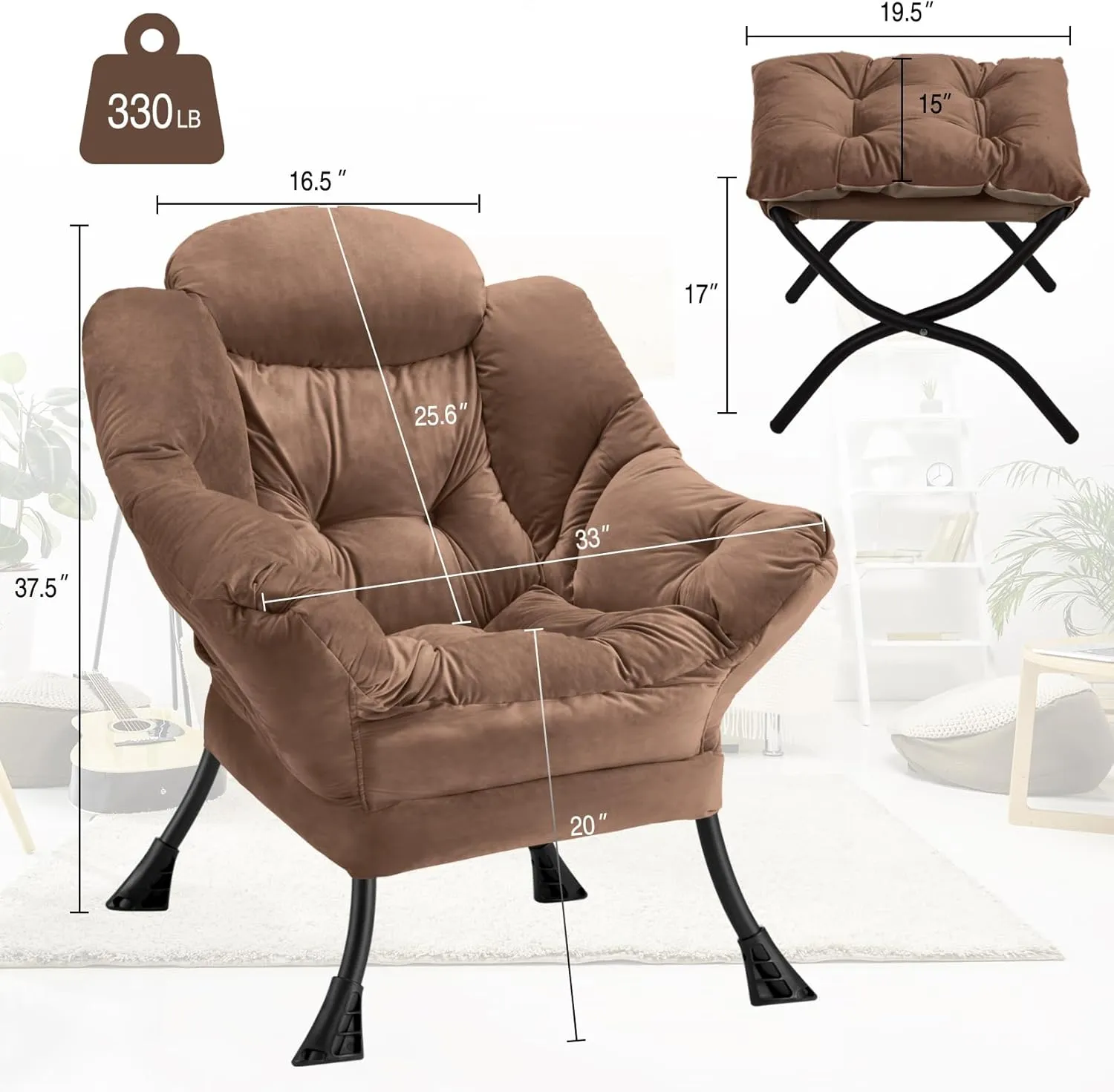 Lazy Chair with Folding Ottoman Modern Large Accent Chair,Contemporary Lounge Leisure Sofa Chair with Armrests Upholstered Sofa Armchair Reading Chair for Bedroom,Dorm & Office(Dark Brown-f)