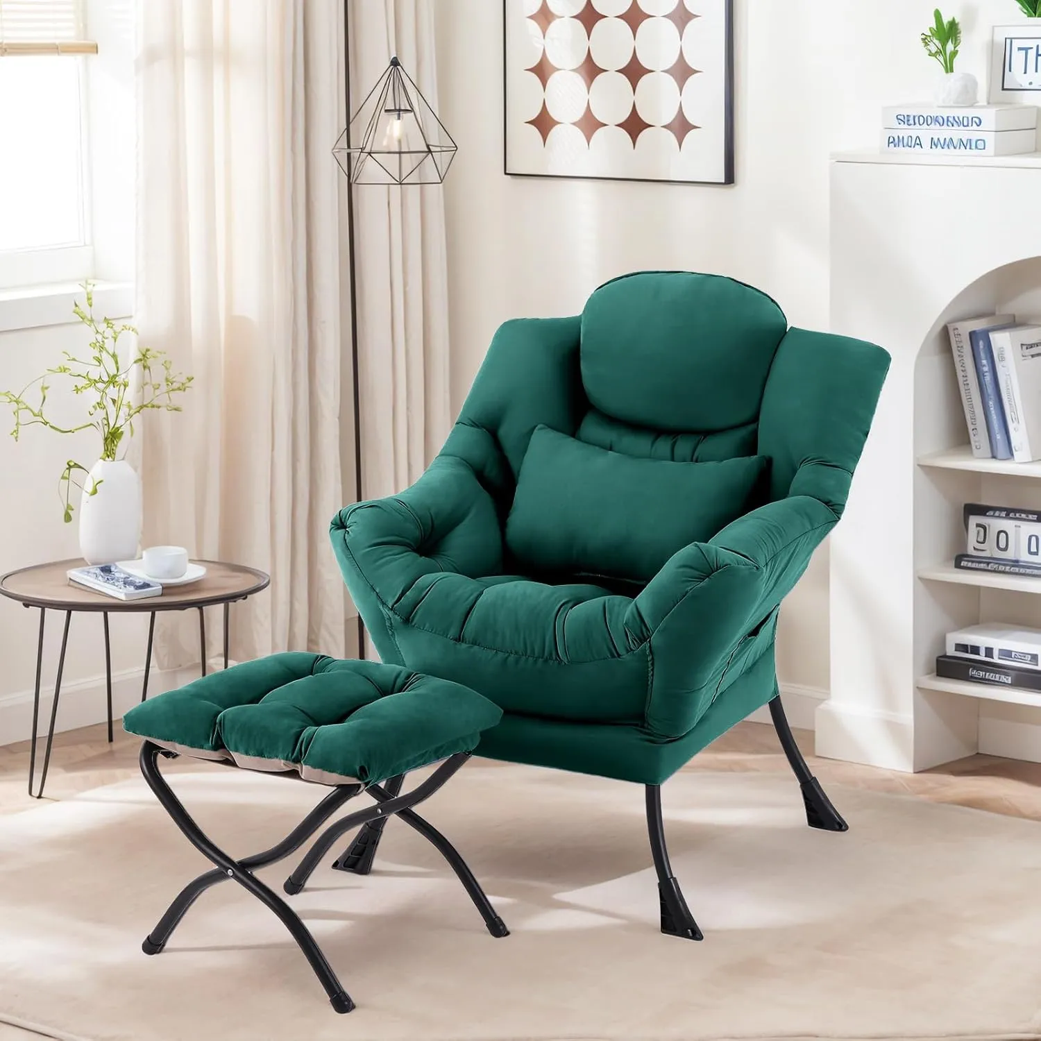 Lazy Chair with Ottoman, Comfy Fabric Accent Lounge Arm Chair with Lumbar Pillow and Folding Footrest, Reading Leisure Sofa Aimchair for Bedroom, Living Room, Dorm,Dark Green