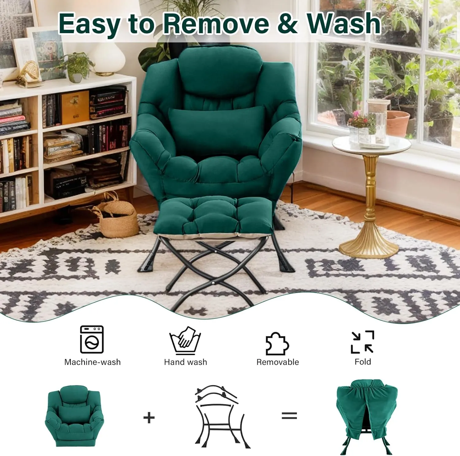 Lazy Chair with Ottoman, Comfy Fabric Accent Lounge Arm Chair with Lumbar Pillow and Folding Footrest, Reading Leisure Sofa Aimchair for Bedroom, Living Room, Dorm,Dark Green