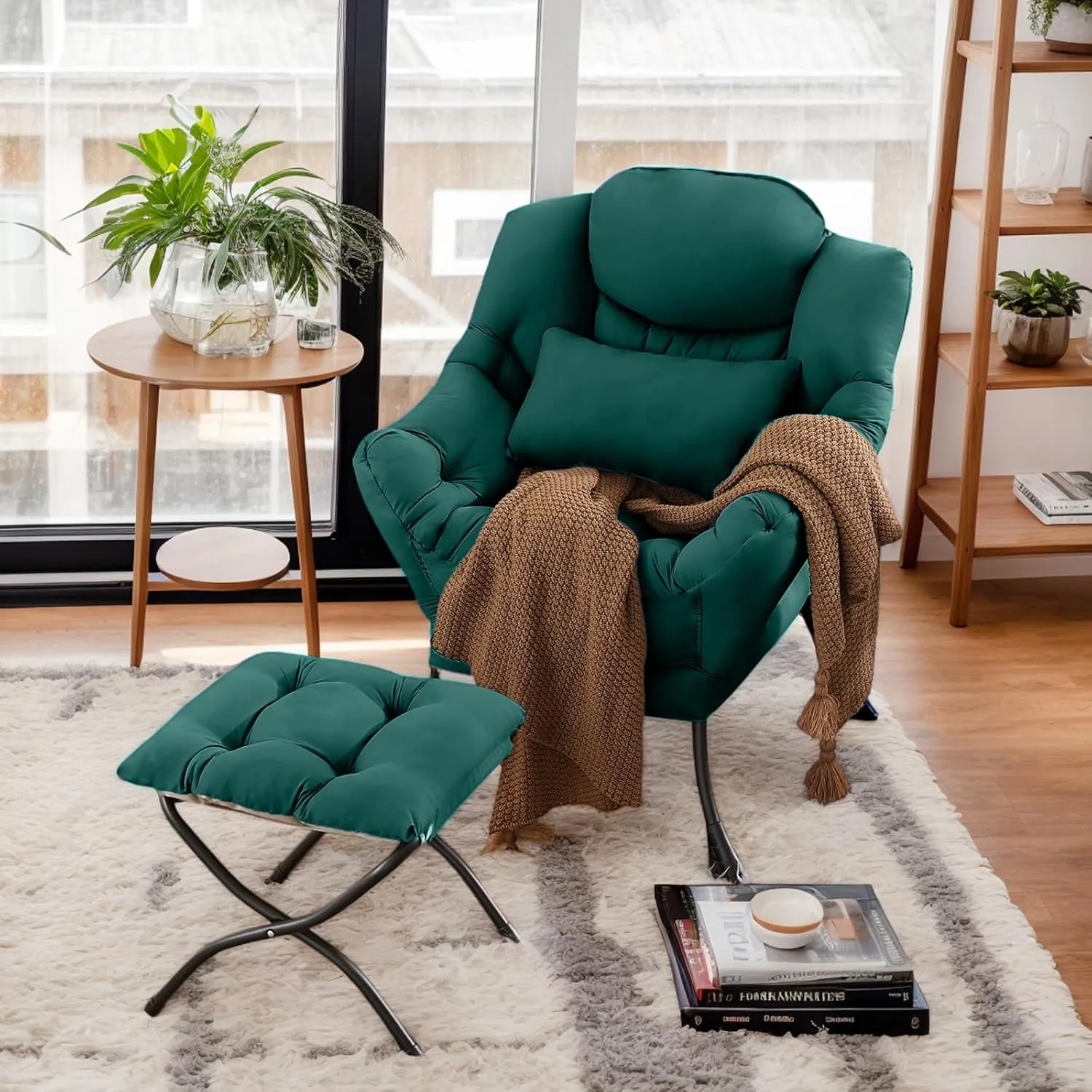 Lazy Chair with Ottoman, Comfy Fabric Accent Lounge Arm Chair with Lumbar Pillow and Folding Footrest, Reading Leisure Sofa Aimchair for Bedroom, Living Room, Dorm,Dark Green