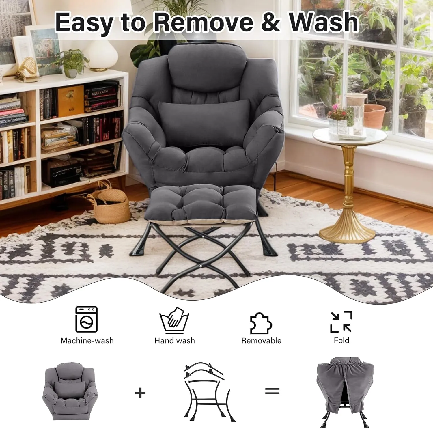 Lazy Chair with Ottoman, Comfy Fabric Accent Lounge Arm Chair with Lumbar Pillow and Folding Footrest, Reading Leisure Sofa Armchair for Bedroom, Living Room, Dorm,Dark Grey