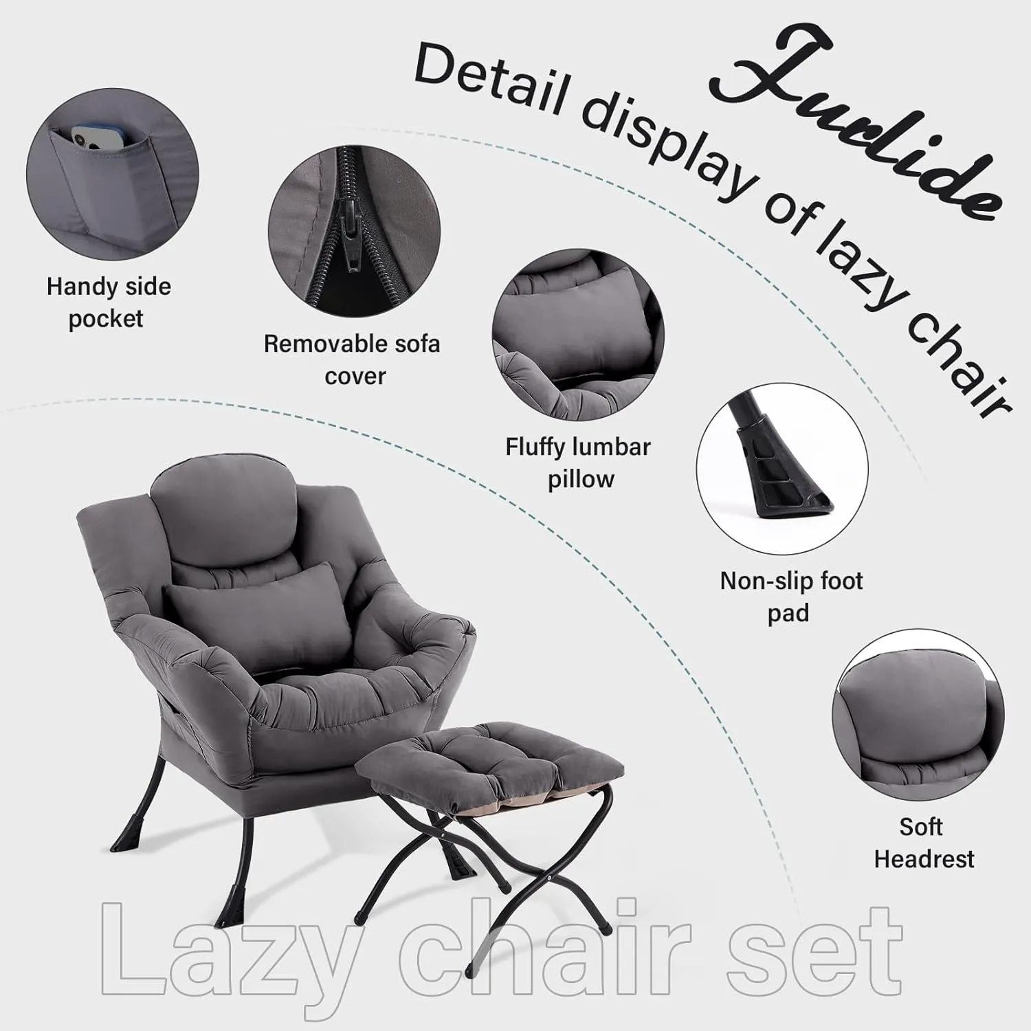 Lazy Chair with Ottoman, Comfy Fabric Accent Lounge Arm Chair with Lumbar Pillow and Folding Footrest, Reading Leisure Sofa Armchair for Bedroom, Living Room, Dorm,Dark Grey