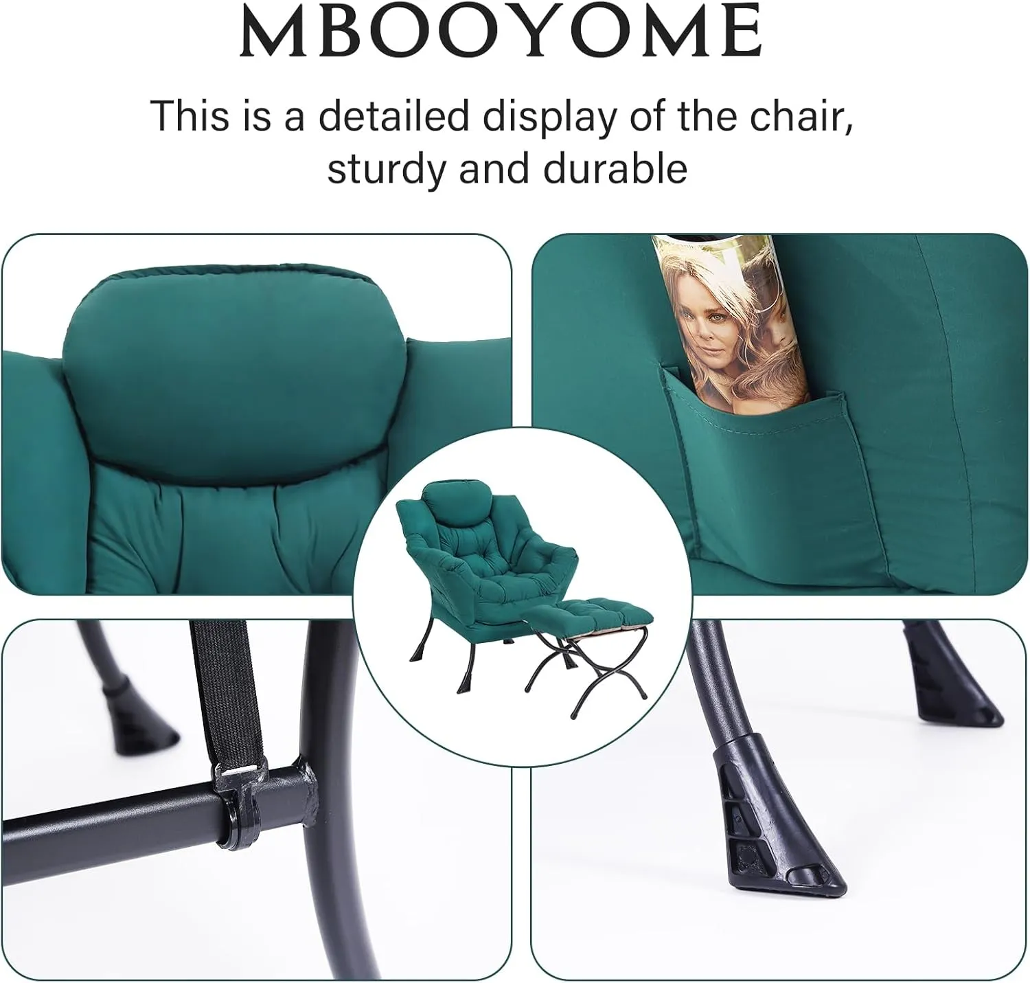 Lazy Chair with Ottoman, Modern Accent Chair Contemporary Lounge Leisure Upholstered Sofa Chair Set with Armrests, Reading Chair for Living Room, Bedroom, Office, Dark Green