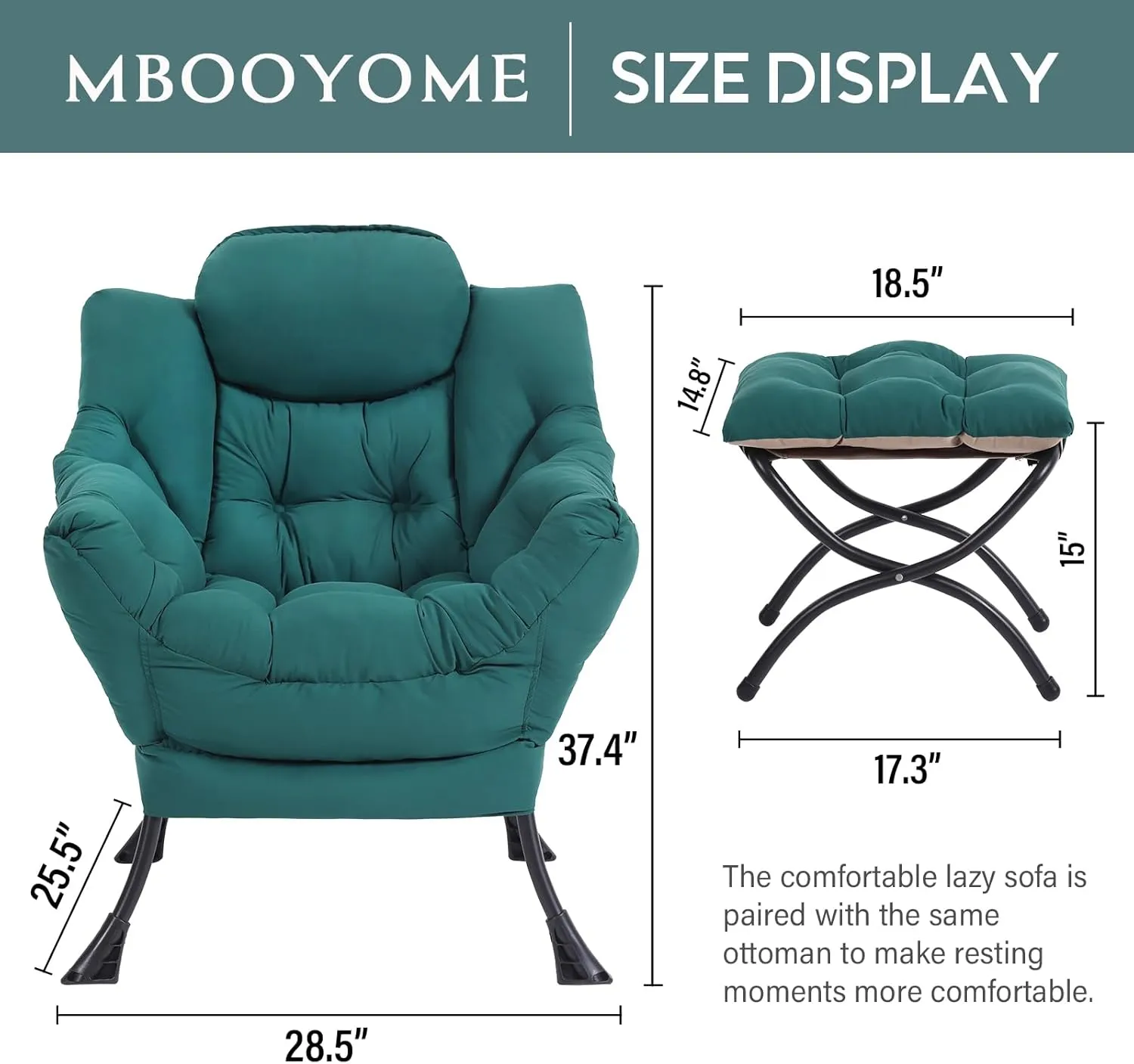 Lazy Chair with Ottoman, Modern Accent Chair Contemporary Lounge Leisure Upholstered Sofa Chair Set with Armrests, Reading Chair for Living Room, Bedroom, Office, Dark Green
