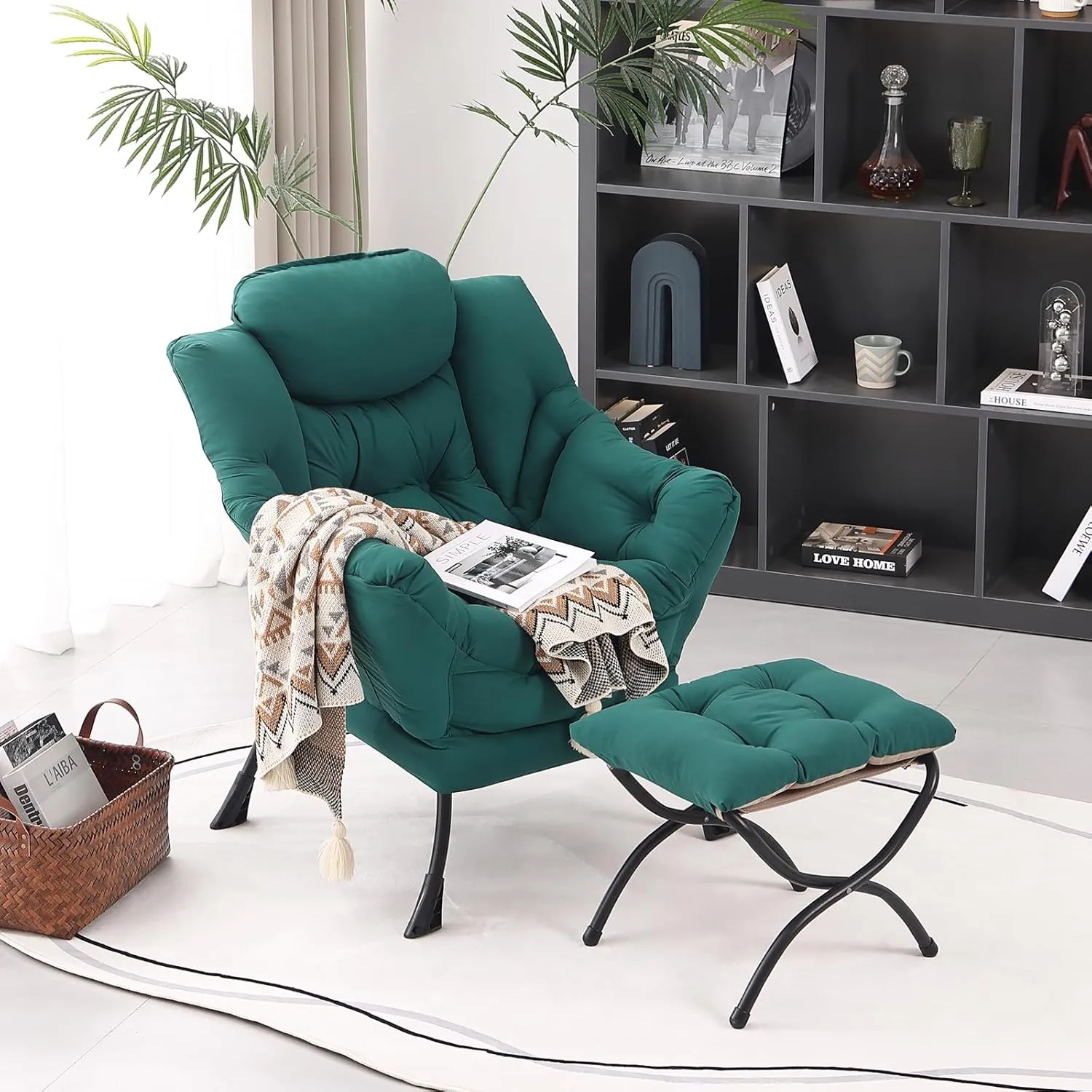 Lazy Chair with Ottoman, Modern Accent Chair Contemporary Lounge Leisure Upholstered Sofa Chair Set with Armrests, Reading Chair for Living Room, Bedroom, Office, Dark Green