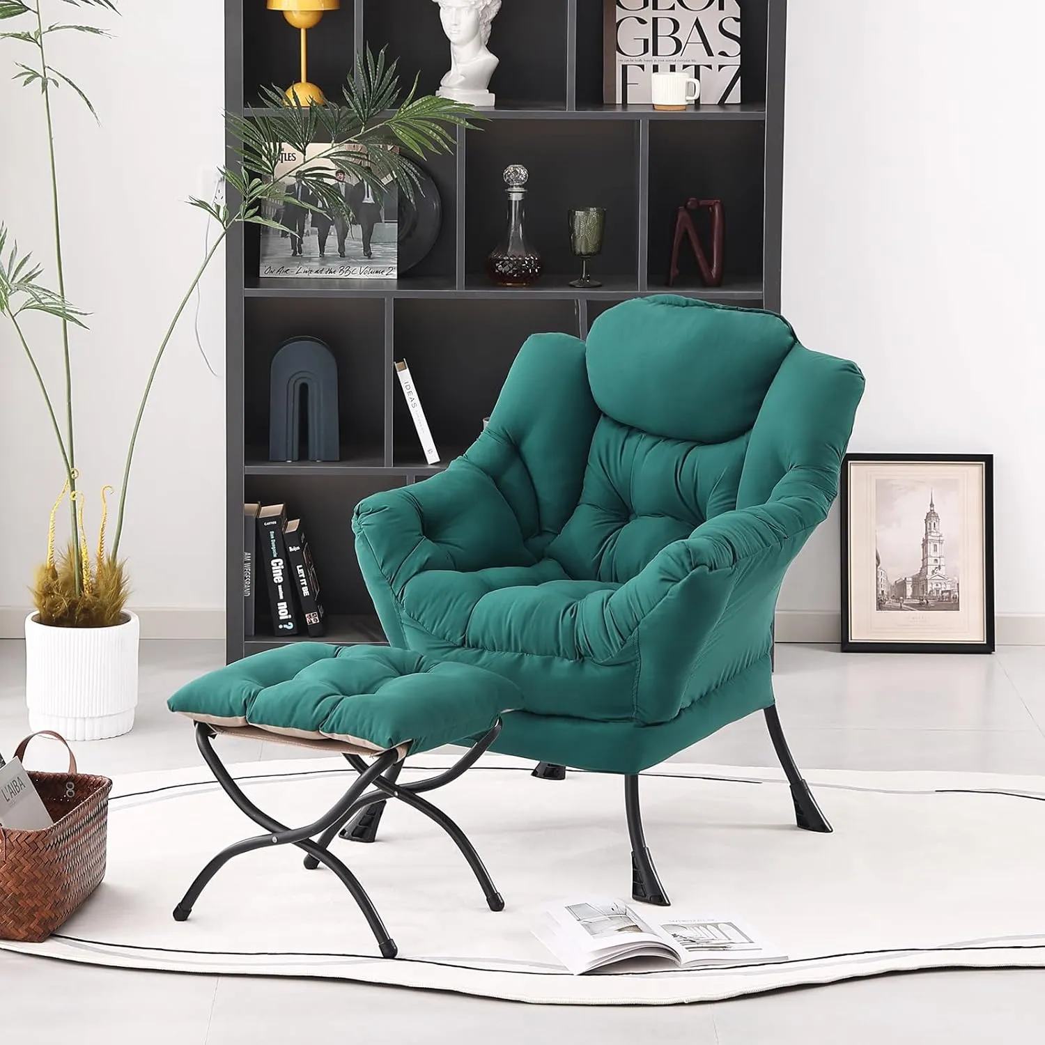 Lazy Chair with Ottoman, Modern Accent Chair Contemporary Lounge Leisure Upholstered Sofa Chair Set with Armrests, Reading Chair for Living Room, Bedroom, Office, Dark Green