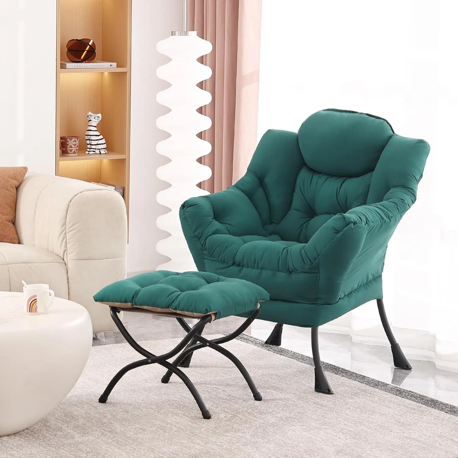 Lazy Chair with Ottoman, Modern Accent Chair Contemporary Lounge Leisure Upholstered Sofa Chair Set with Armrests, Reading Chair for Living Room, Bedroom, Office, Dark Green