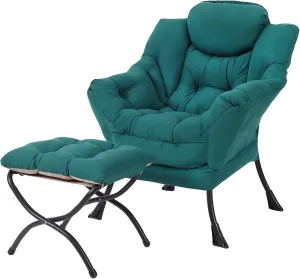 Lazy Chair with Ottoman, Modern Accent Chair Contemporary Lounge Leisure Upholstered Sofa Chair Set with Armrests, Reading Chair for Living Room, Bedroom, Office, Dark Green