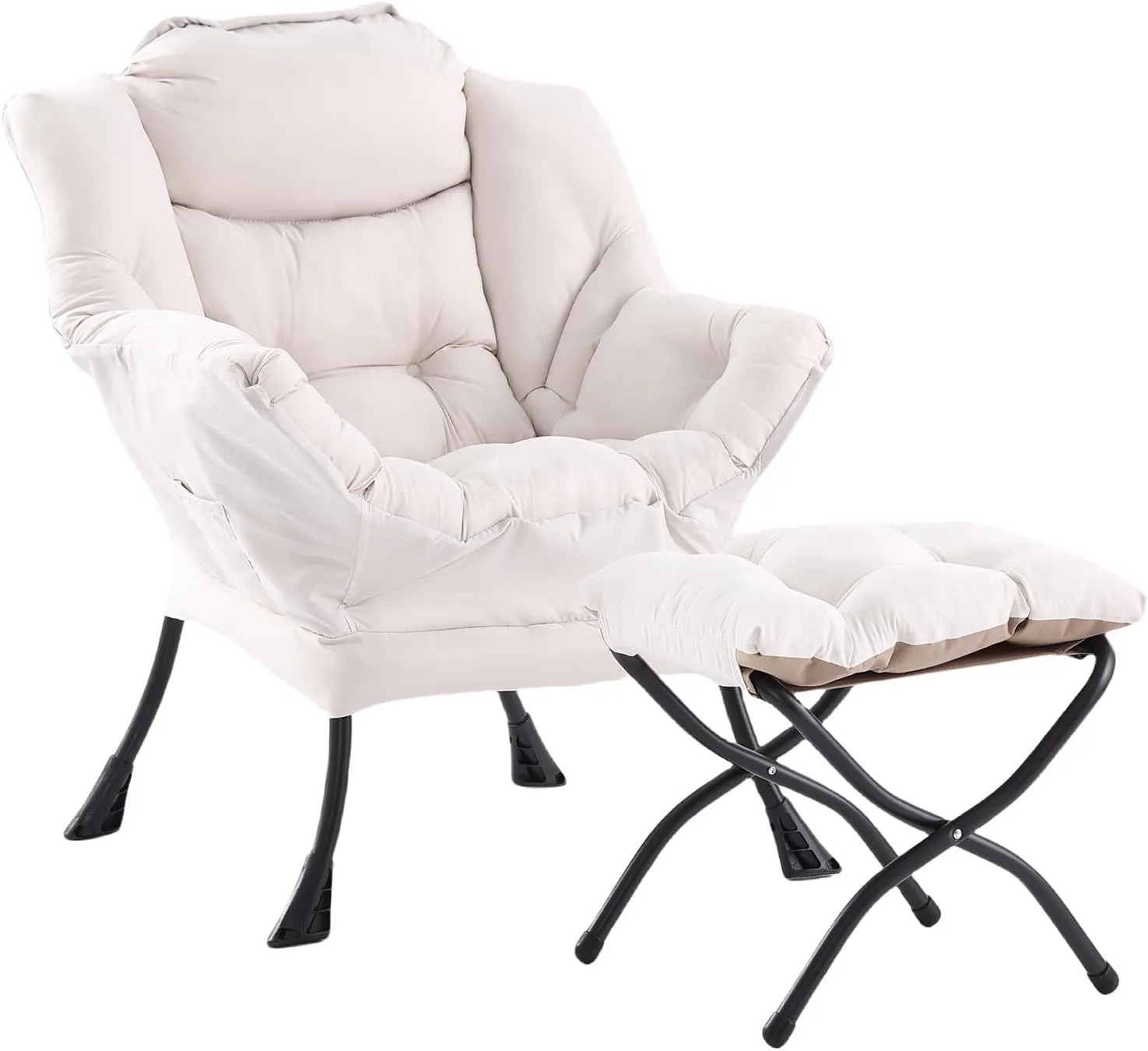 Lazy Chair with Ottoman, Modern Chair with Folding Footrest, Lounge Accent Chair, Comfortable Reading Chair, Oversized Armchairs for Bedroom, Study, Living Room, Courtyard (Beige