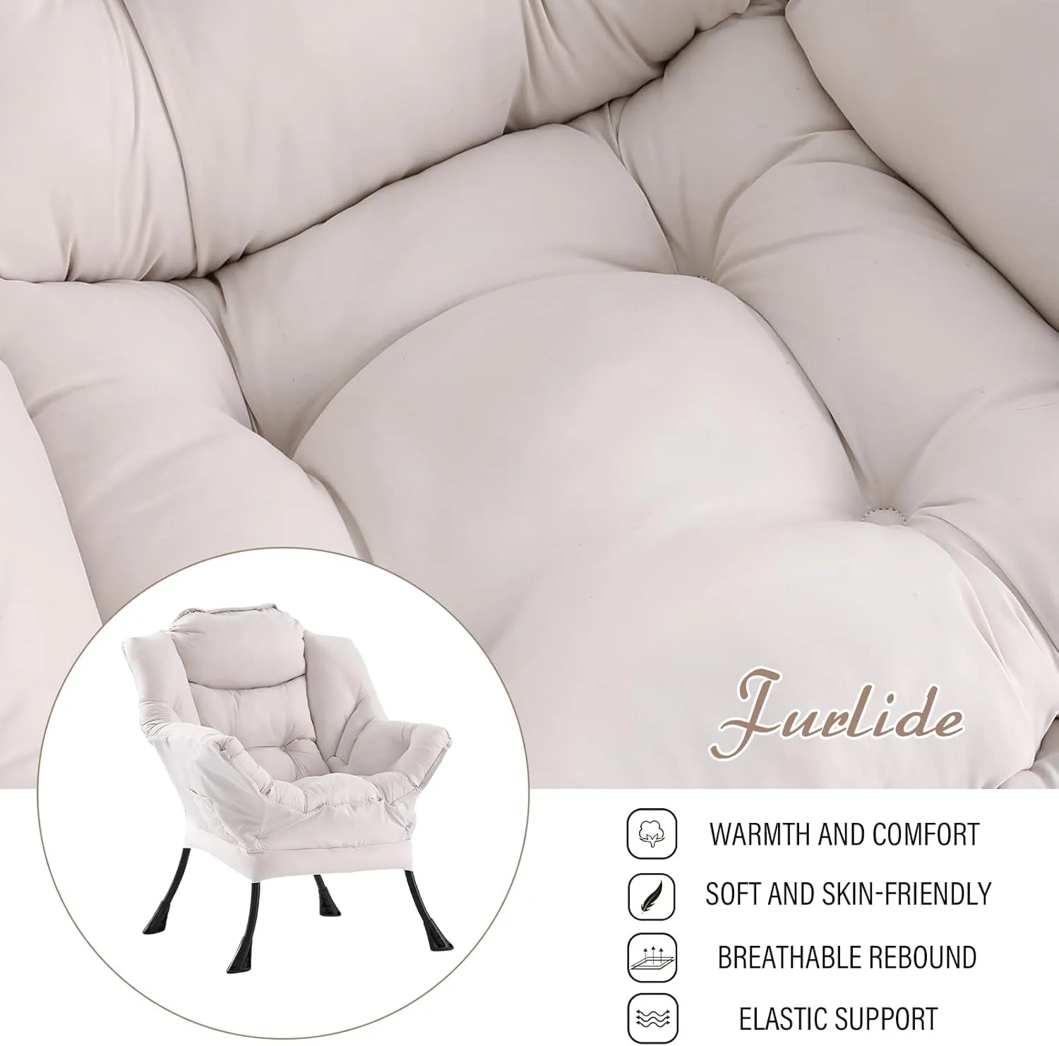 Lazy Chair with Ottoman, Modern Chair with Folding Footrest, Lounge Accent Chair, Comfortable Reading Chair, Oversized Armchairs for Bedroom, Study, Living Room, Courtyard (Beige