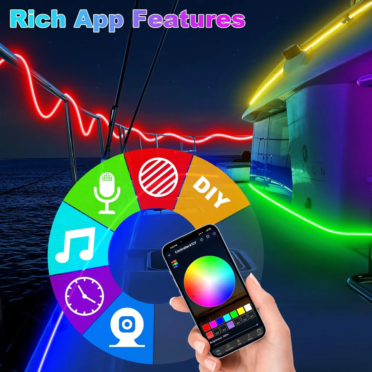LED Boat Lights Strip 50FT, IP67 Marine LED Strip Pontoon Boat Light App Control, 12V RGB Waterproof Boat Interior Light, Night Fishing Lighting for Bass Boat, Kayak, Jon Boat, Deck