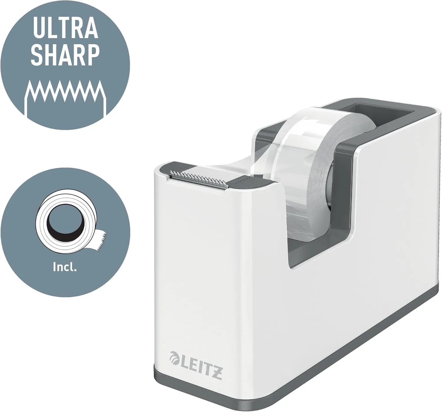 Leitz Tape Dispenser, Heavy Base with Tape, Wow Range, Pearl White/Black