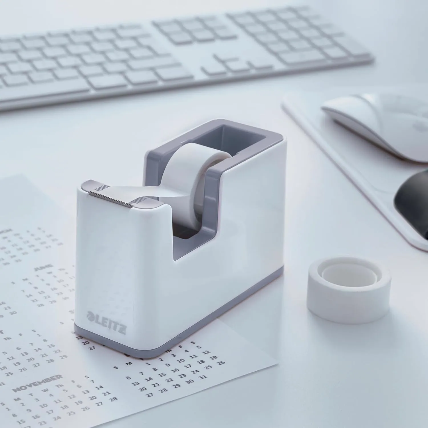 Leitz Tape Dispenser, Heavy Base with Tape, Wow Range, Pearl White/Grey