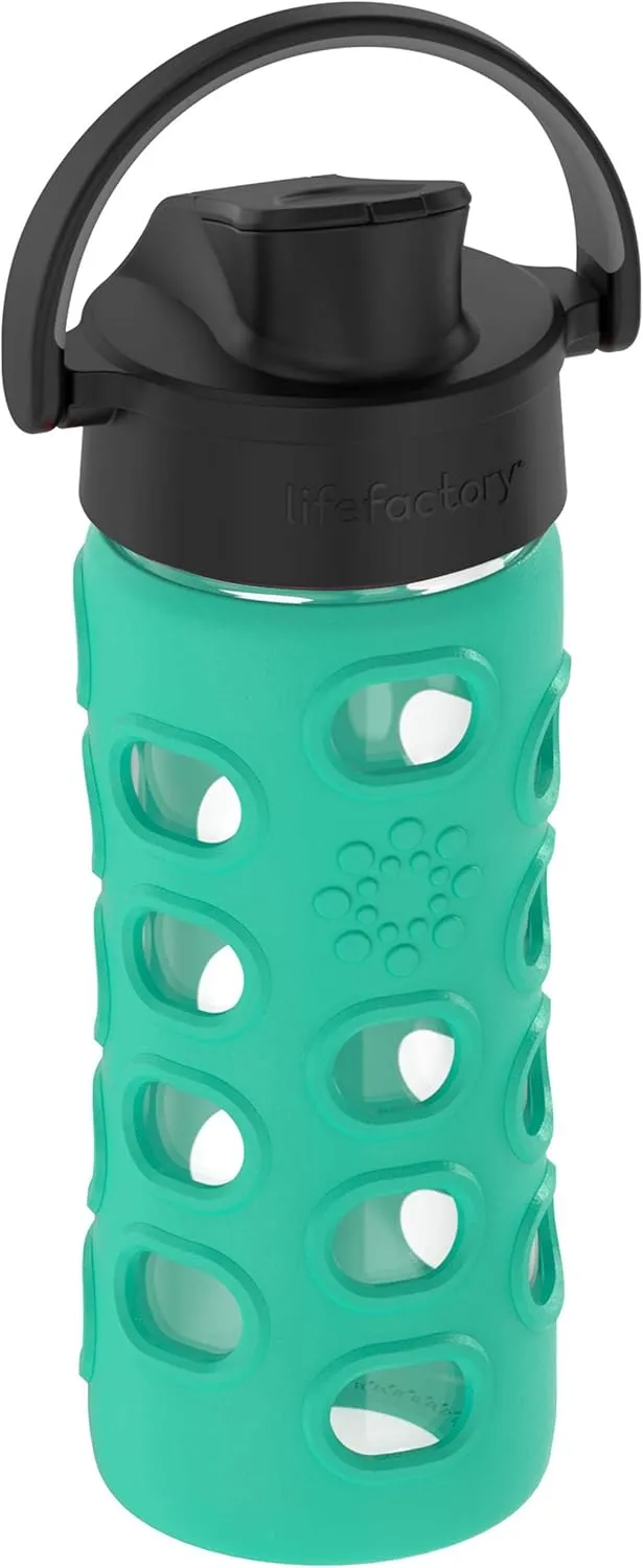 Lifefactory 12-Ounce Glass Water Bottle with Active Flip Cap and Protective Silicone Sleeve, Kale