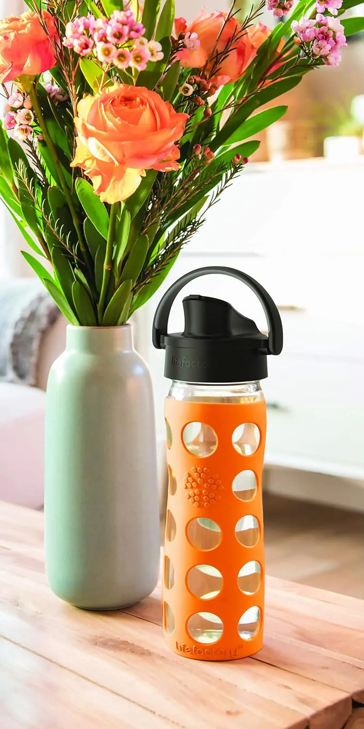 Lifefactory 16-Ounce Glass Water Bottle with Active Flip Cap and Protective Silicone Sleeve, Plum