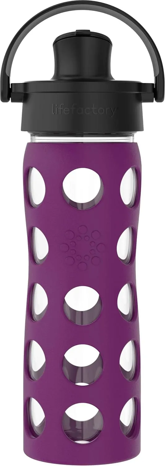 Lifefactory 16-Ounce Glass Water Bottle with Active Flip Cap and Protective Silicone Sleeve, Plum