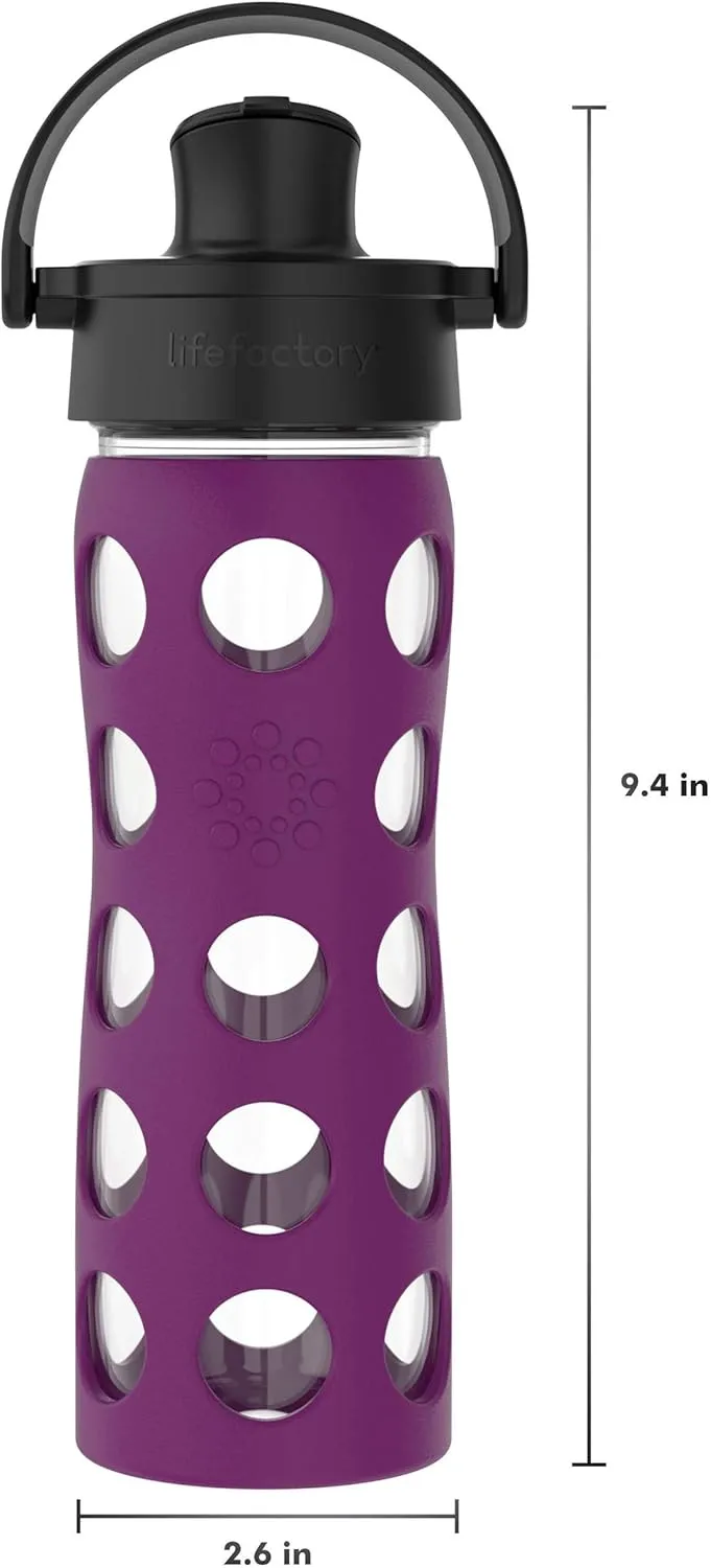 Lifefactory 16-Ounce Glass Water Bottle with Active Flip Cap and Protective Silicone Sleeve, Plum