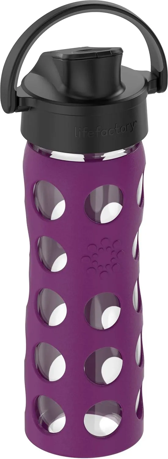 Lifefactory 16-Ounce Glass Water Bottle with Active Flip Cap and Protective Silicone Sleeve, Plum