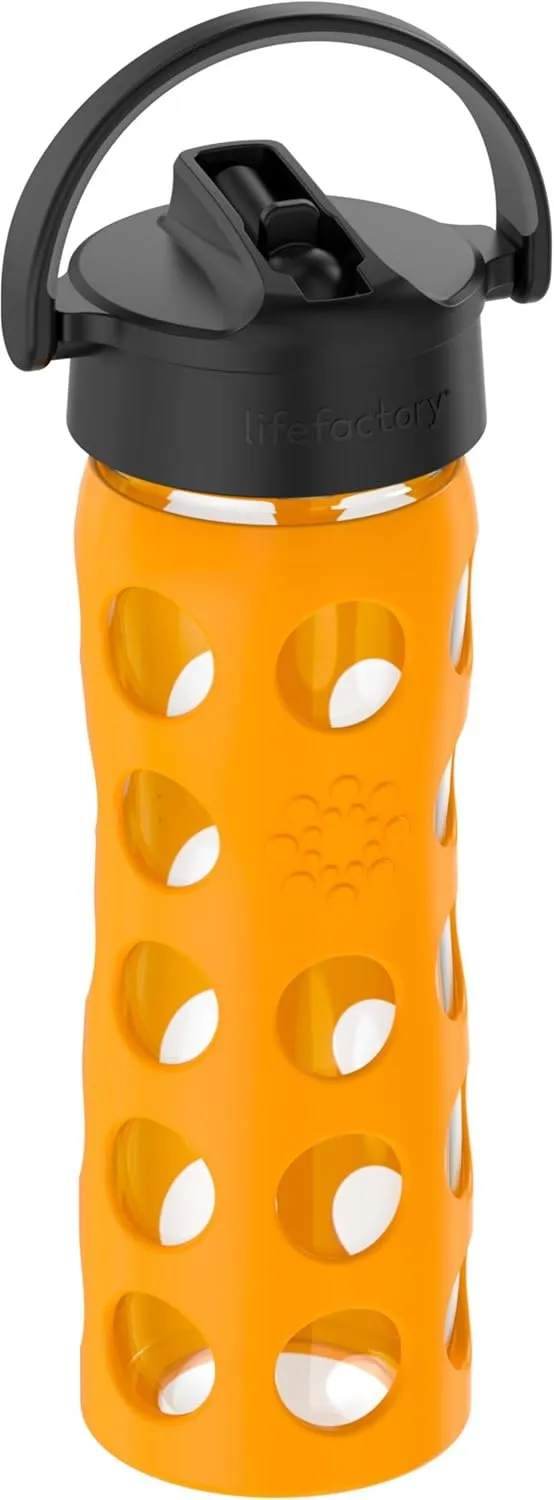 Lifefactory 16-Ounce Glass Water Bottle with Pivot Straw Cap and Protective Silicone Sleeve, Marigold