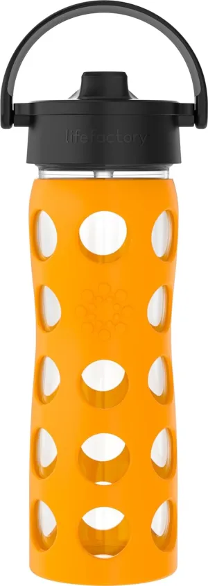 Lifefactory 16-Ounce Glass Water Bottle with Pivot Straw Cap and Protective Silicone Sleeve, Marigold