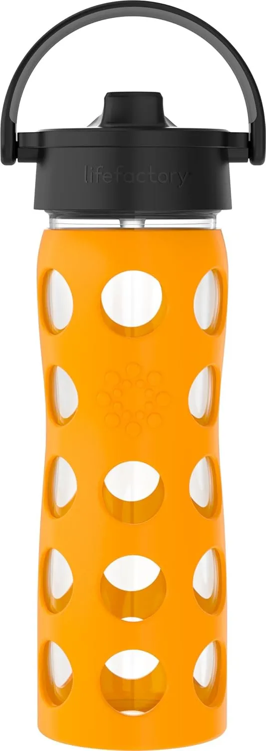 Lifefactory 16-Ounce Glass Water Bottle with Pivot Straw Cap and Protective Silicone Sleeve, Marigold