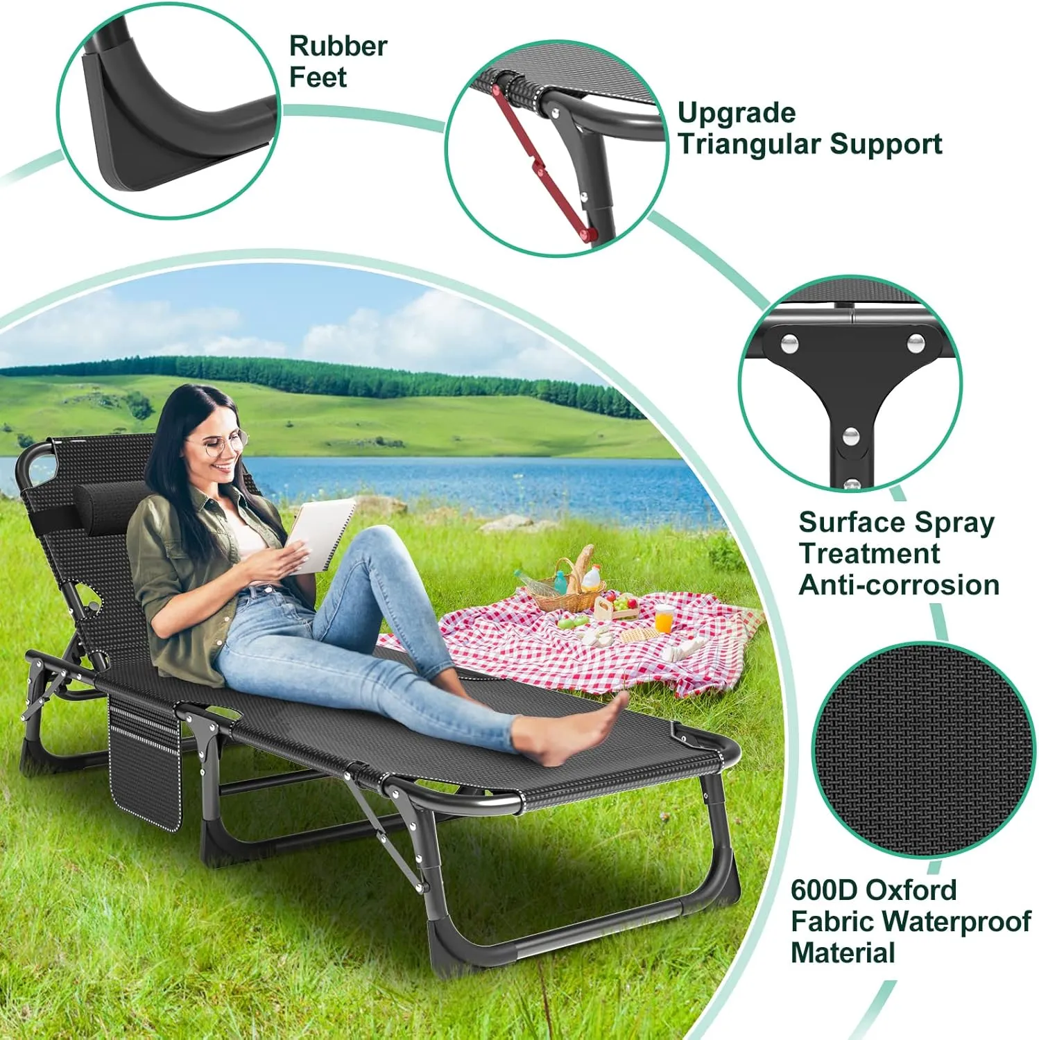 LILYPELLE Folding Lounge Chair with Mattress, 5 Position Adjustable Folding Cot Portable Outdoor Folding Chaise Lounge Chair for Outside, Sunbathing, Camping, Pool, Beach, Patio