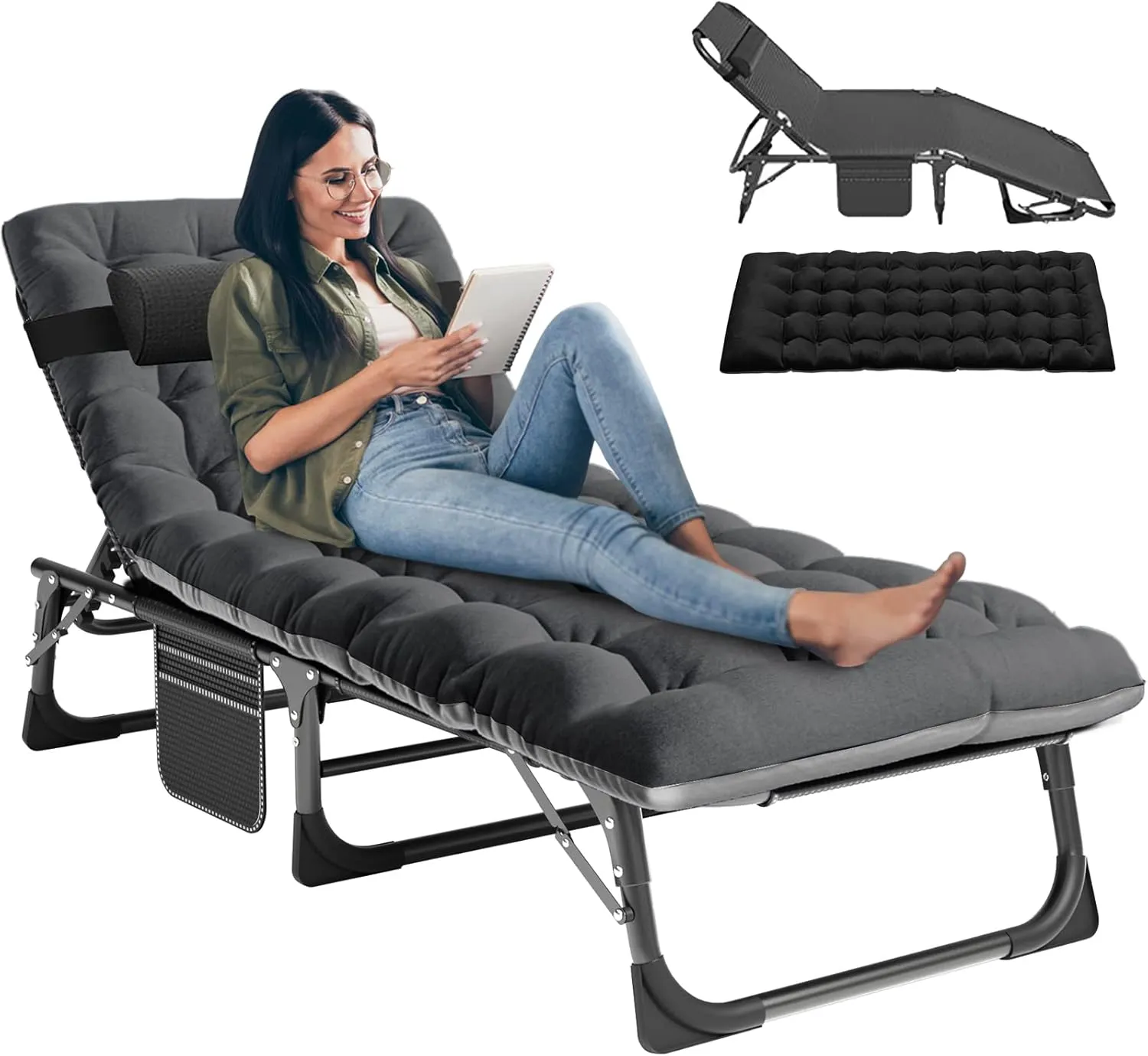 LILYPELLE Folding Lounge Chair with Mattress, 5 Position Adjustable Folding Cot Portable Outdoor Folding Chaise Lounge Chair for Outside, Sunbathing, Camping, Pool, Beach, Patio