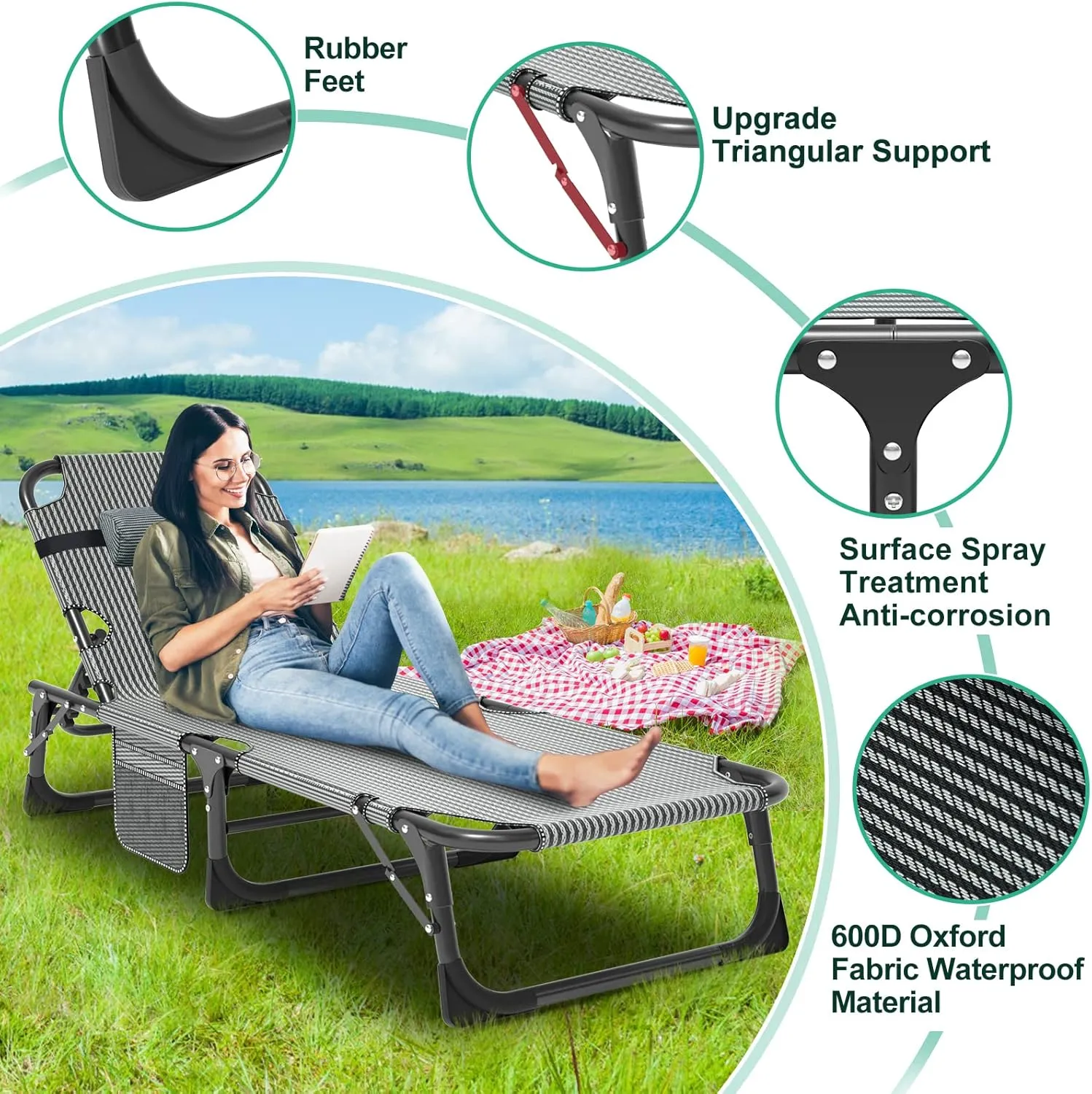 LILYPELLE Folding Lounge Chair with Mattress, 5 Position Adjustable Folding Cot Portable Outdoor Folding Chaise Lounge Chair for Outside, Sunbathing, Camping, Pool, Beach, Patio