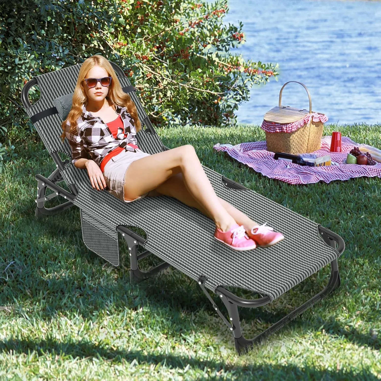 LILYPELLE Folding Lounge Chair with Mattress, 5 Position Adjustable Folding Cot Portable Outdoor Folding Chaise Lounge Chair for Outside, Sunbathing, Camping, Pool, Beach, Patio